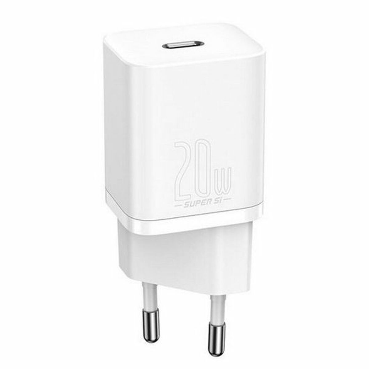 Chargeur blanc 20W Super Si avec deux broches, sur fond blanc.