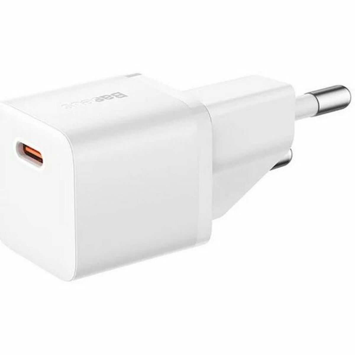 Un chargeur Baseus blanc avec un port USB-C et une prise.