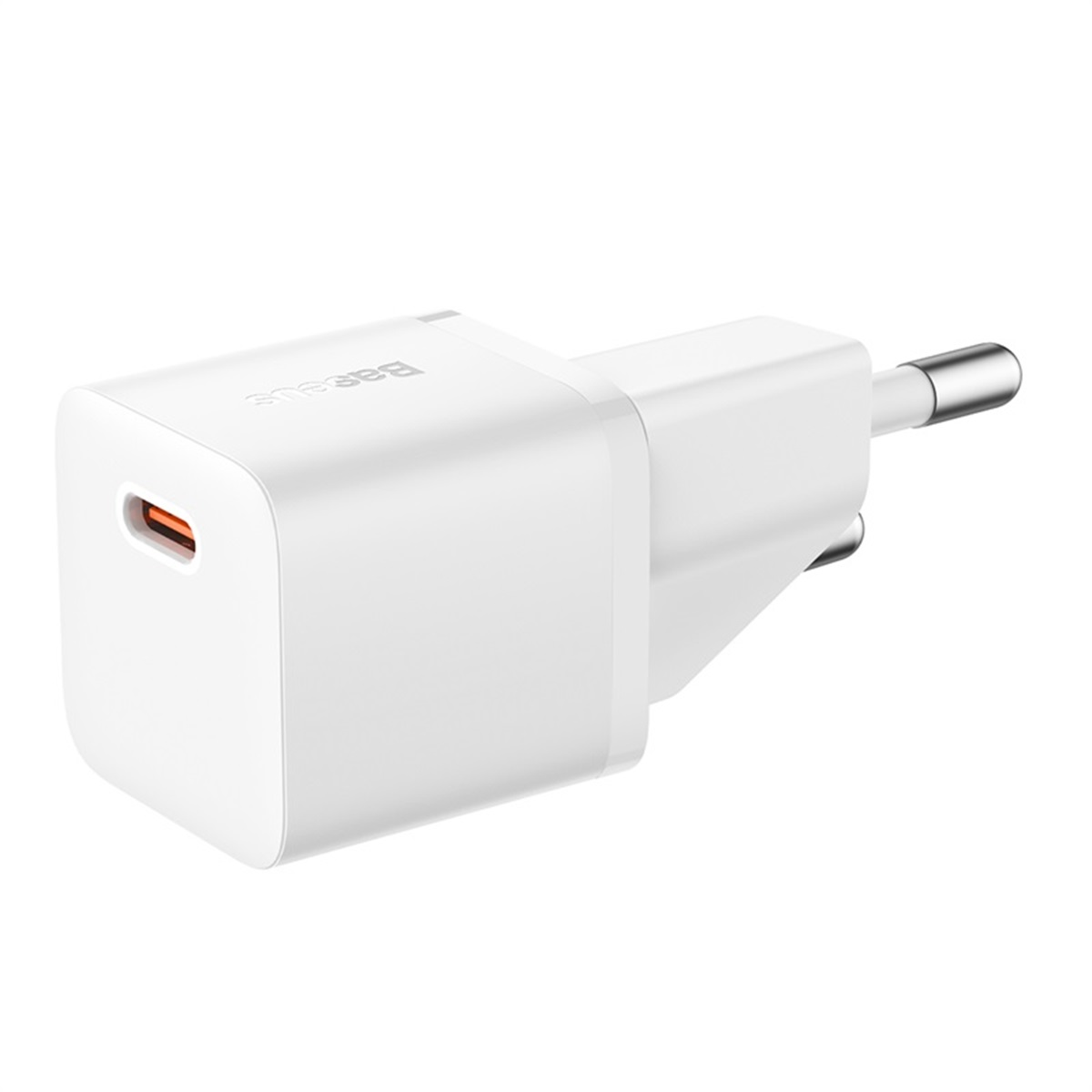 Adaptateur secteur blanc avec port USB-C. Marque Baseus visible.