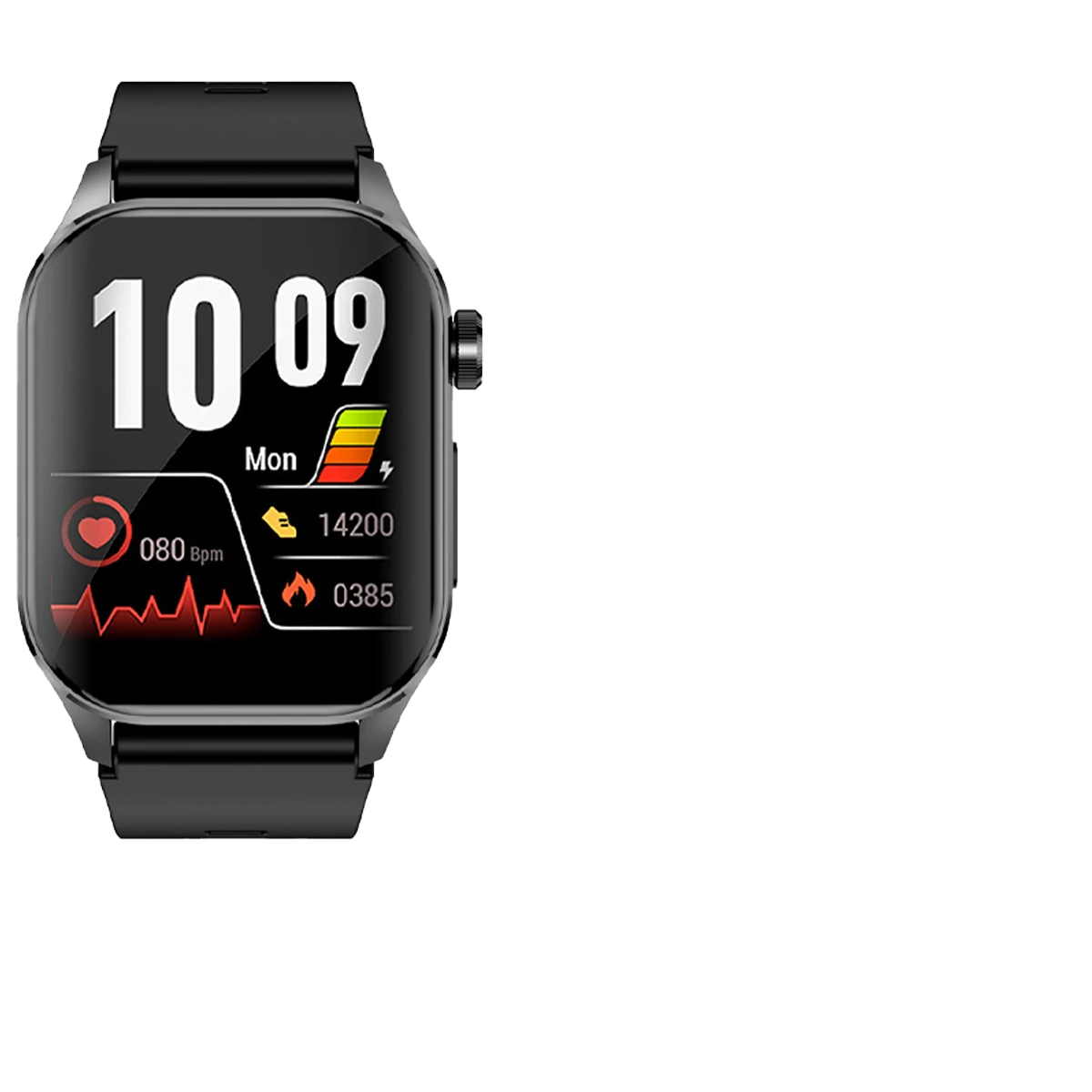 Schwarze Smartwatch. Sie zeigt Zeit, Herzfrequenz, Schritte und Kalorien an.