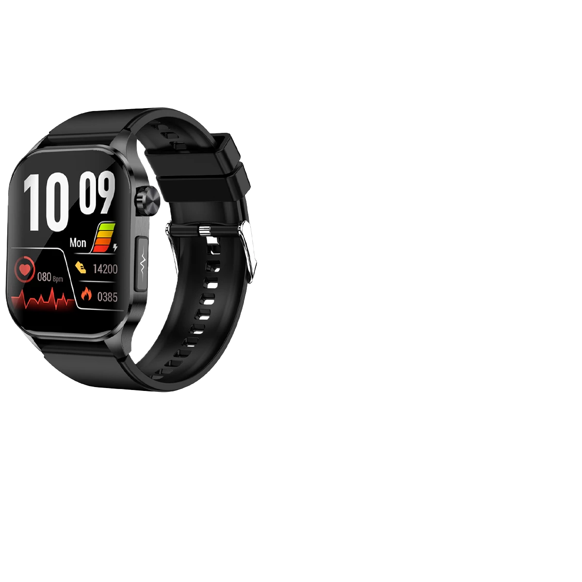 Eine schwarze Smartwatch, die Zeit und Gesundheitsmetriken wie Herzfrequenz und Schritte auf schwarzem Hintergrund anzeigt.