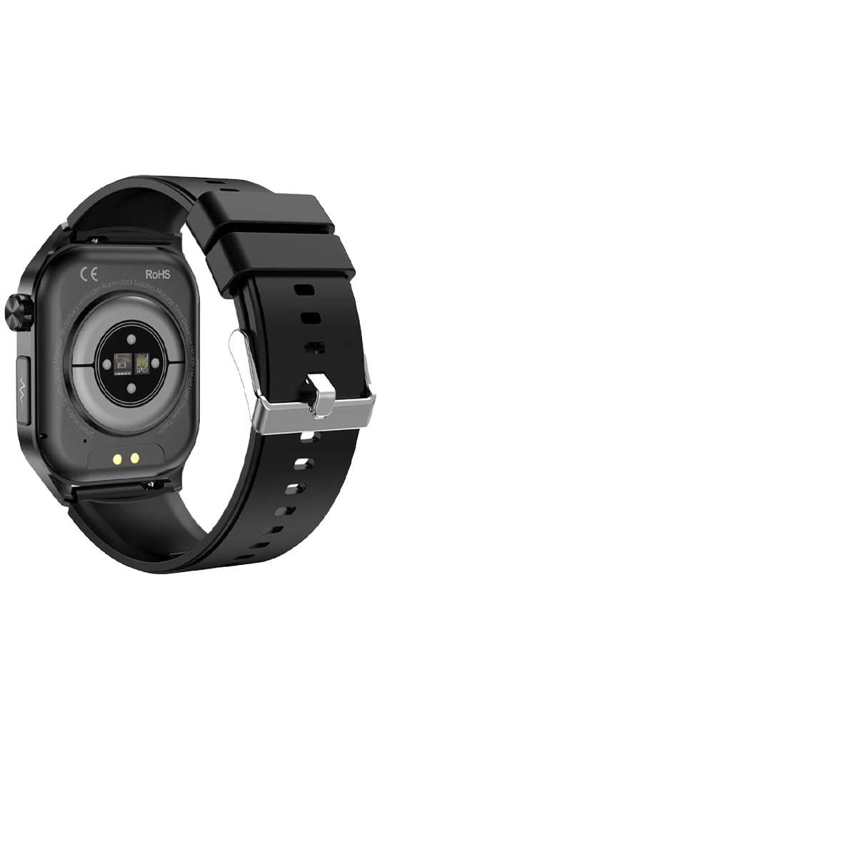 Eine schwarze Smartwatch, die die Unterseite mit Sensoren zeigt.
