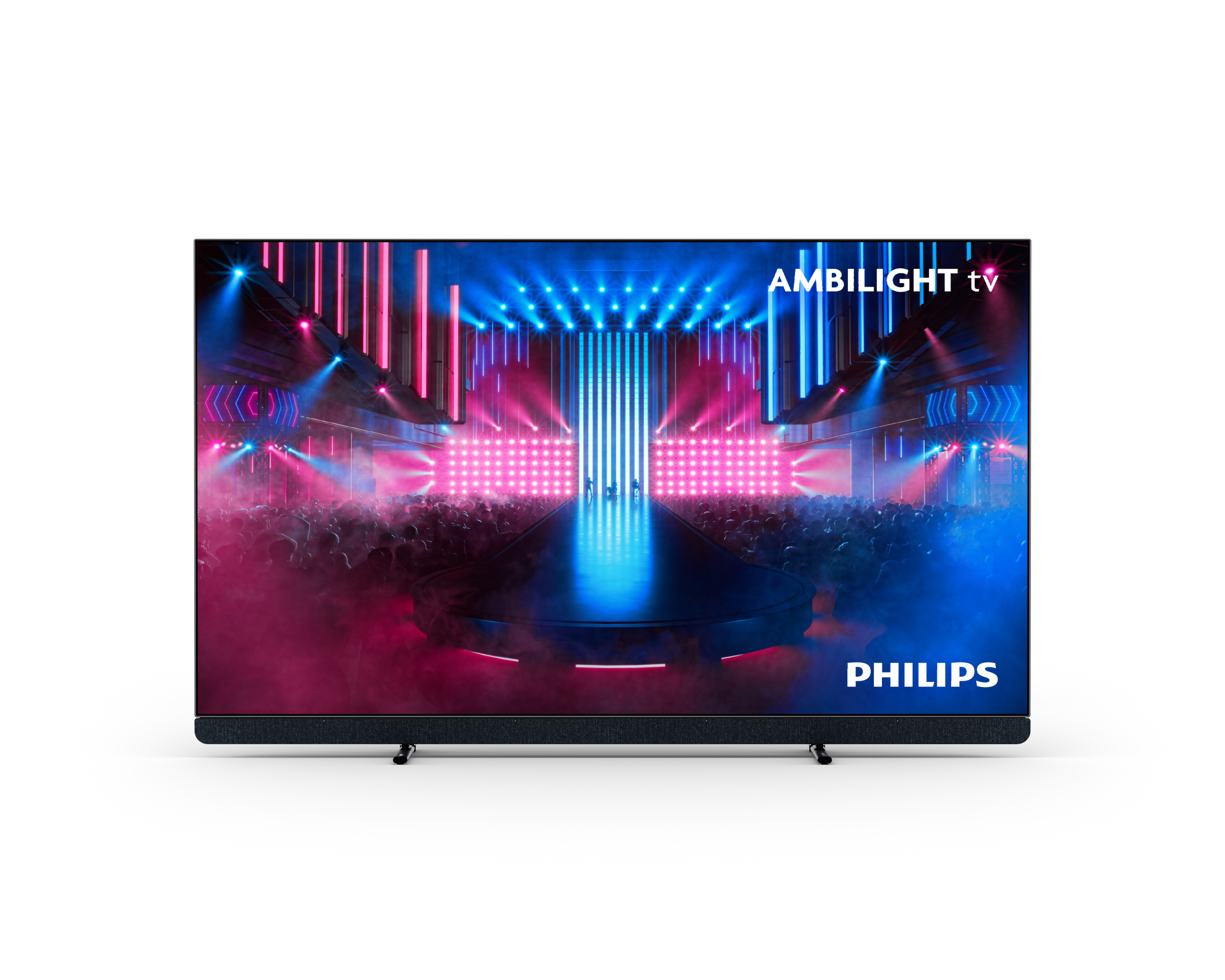 Telewizor Philips Ambilight wyświetla jasno oświetloną scenę z publicznością i kolorowymi światłami.