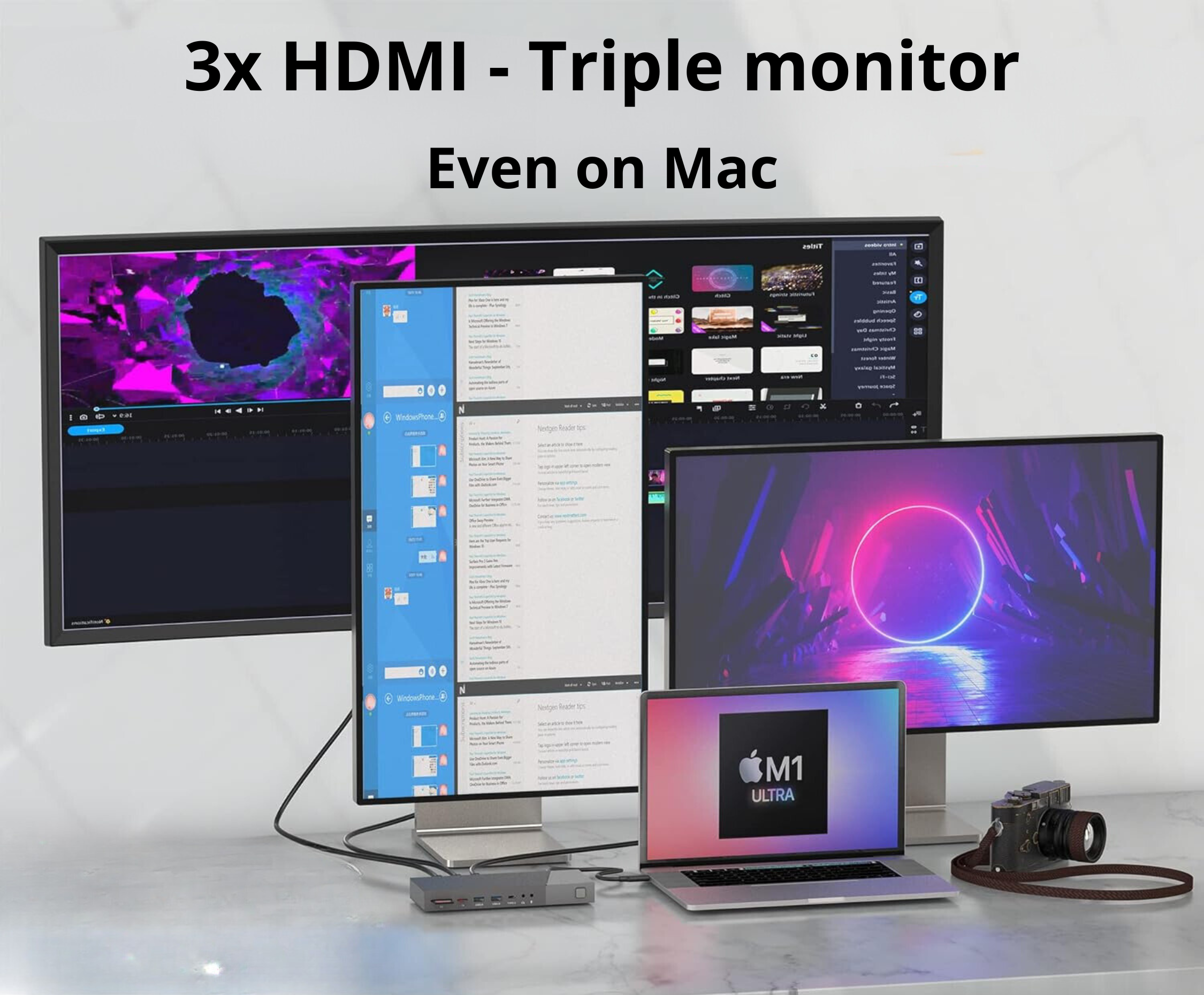 A laptop, two monitors and a camera are on a desk. Text about triple monitor support.