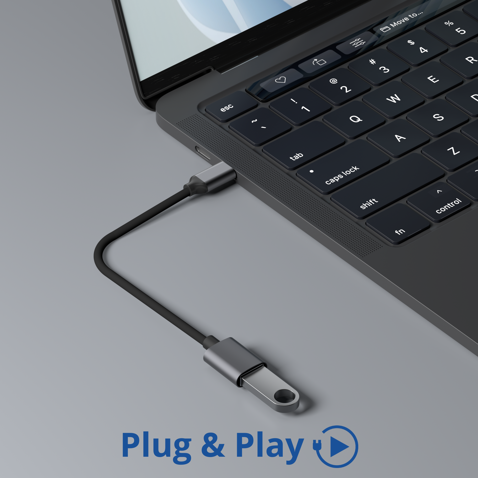 Ordinateur portable connecté à un adaptateur USB-C, avec un câble noir, sur une surface grise. Texte Plug & Play.