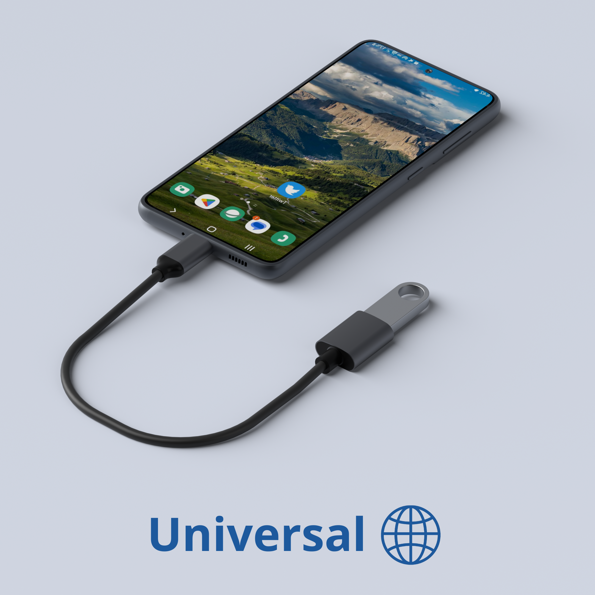 Un smartphone est connecté avec un câble USB-C. Il est placé devant un paysage flou.