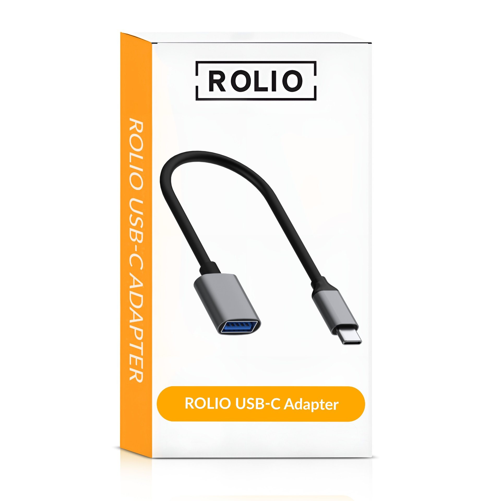 Boîte blanche avec un câble adaptateur USB noir. Le mot ROLIO est en haut de la boîte.
