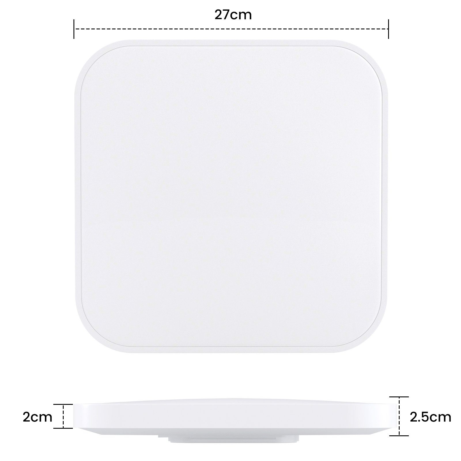 Biała, kwadratowa oprawa oświetleniowa sufitowa, z wymiarami.