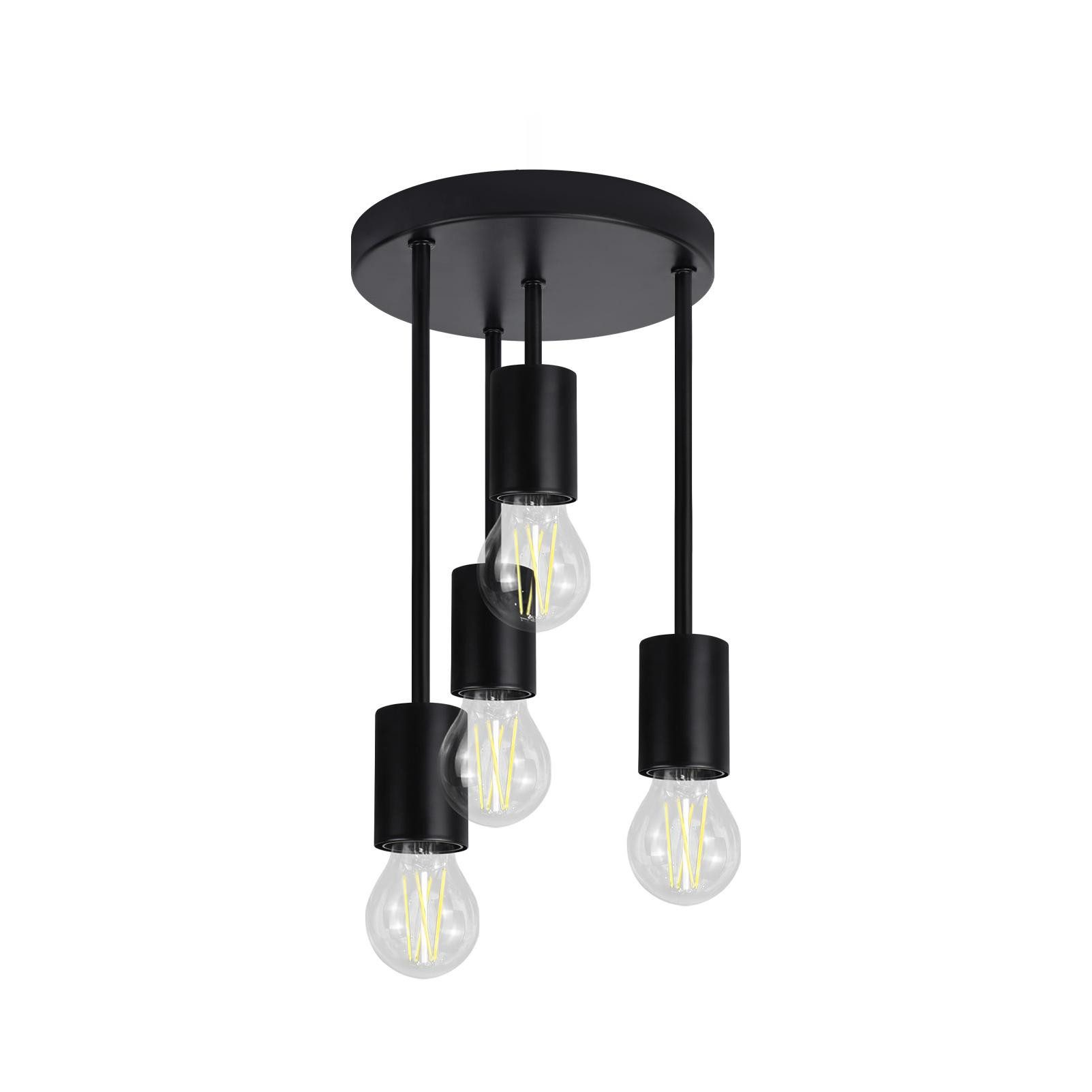 Czarna lampa wisząca z wieloma żarówkami. Żarówki wiszą pod okrągłym mocowaniem sufitowym.