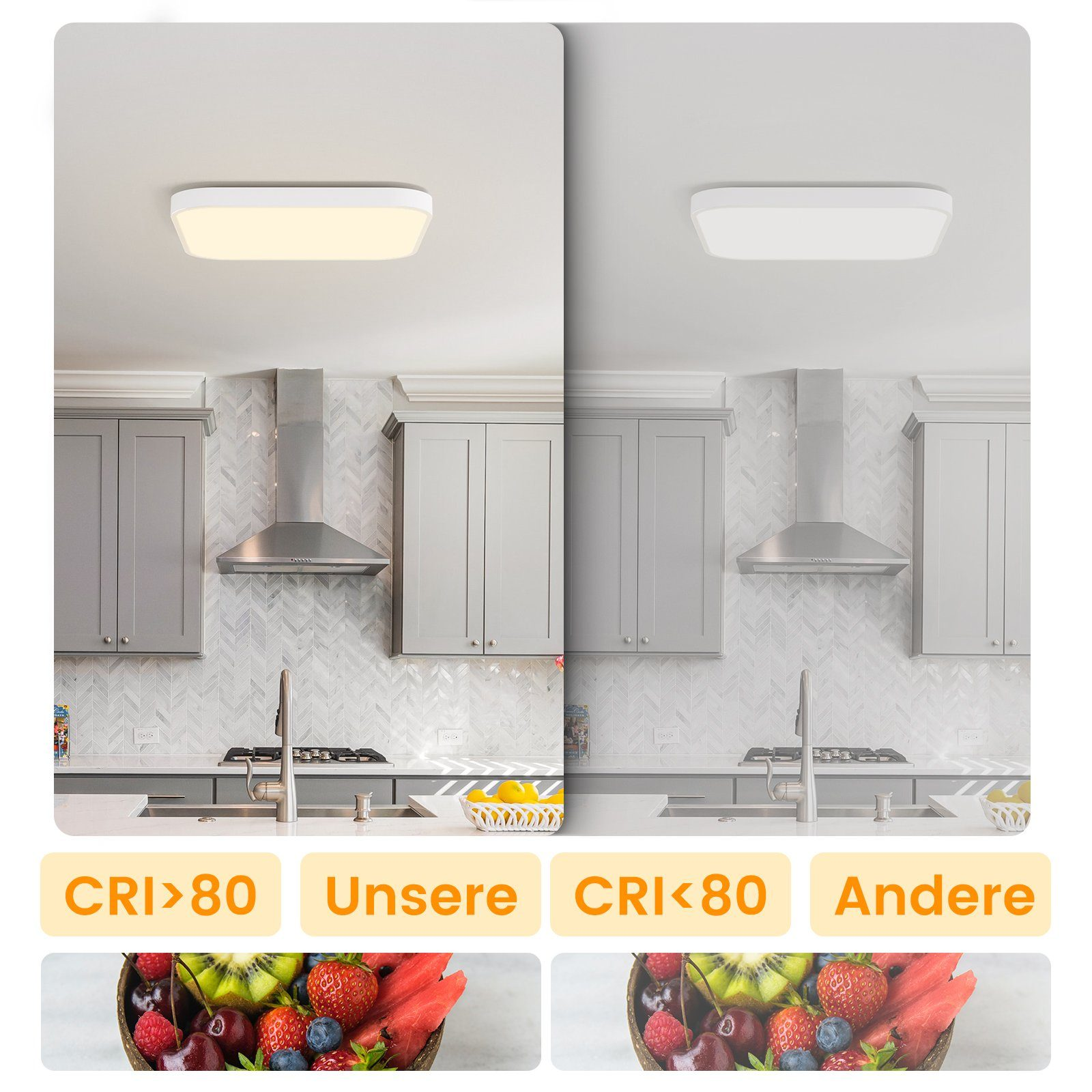 Dwa obrazy porównujące oprawy oświetleniowe. Jeden jest jasny, a drugi przyciemniony. Tekst w języku niemieckim.