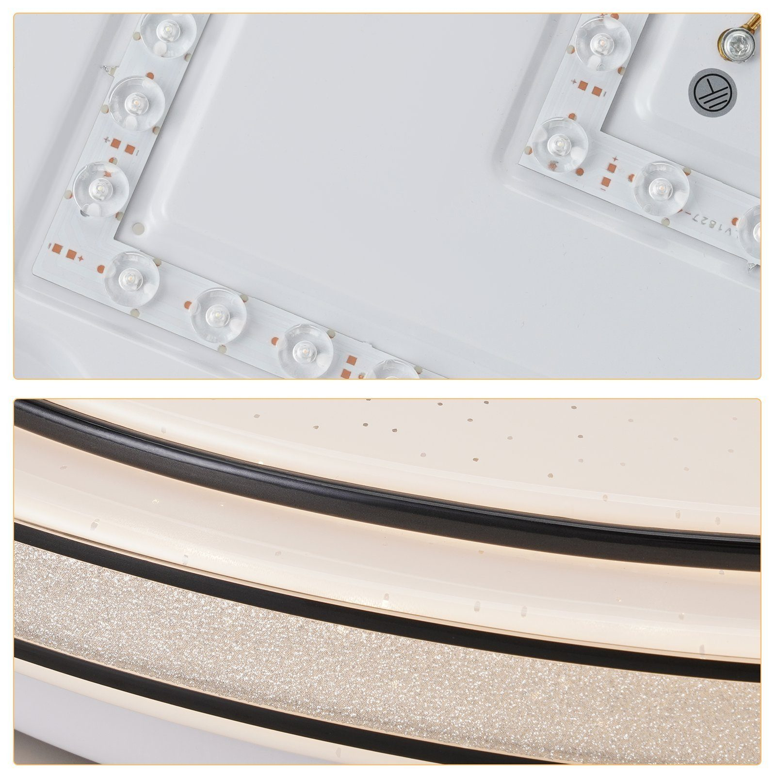 Zbliżenie białej, okrągłej lampy sufitowej z diodami LED i srebrną, błyszczącą obwódką na białym tle.