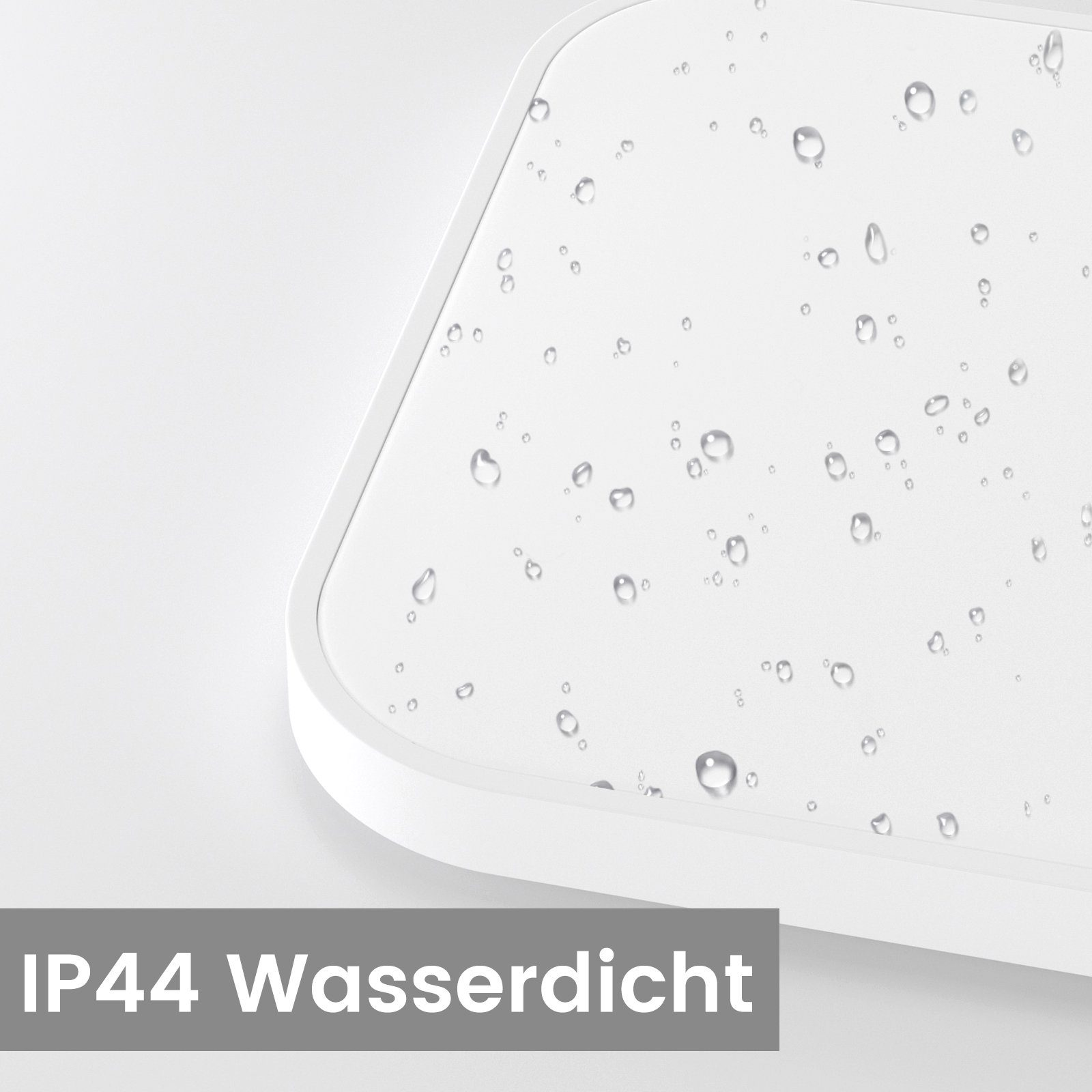 Biała, kwadratowa lampa sufitowa z kroplami wody na powierzchni i tekstem: IP44 wodoodporny.