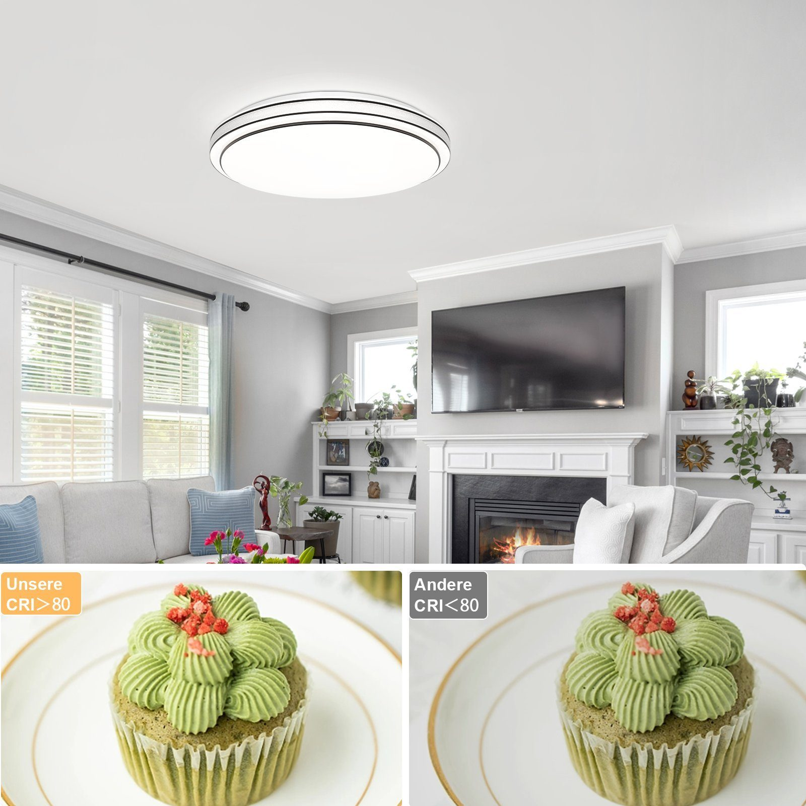 Scena w salonie z babeczkami i kominkiem.