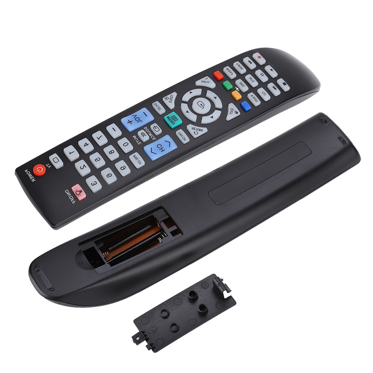 Schwarze Fernbedienung mit offenem Batteriefach.