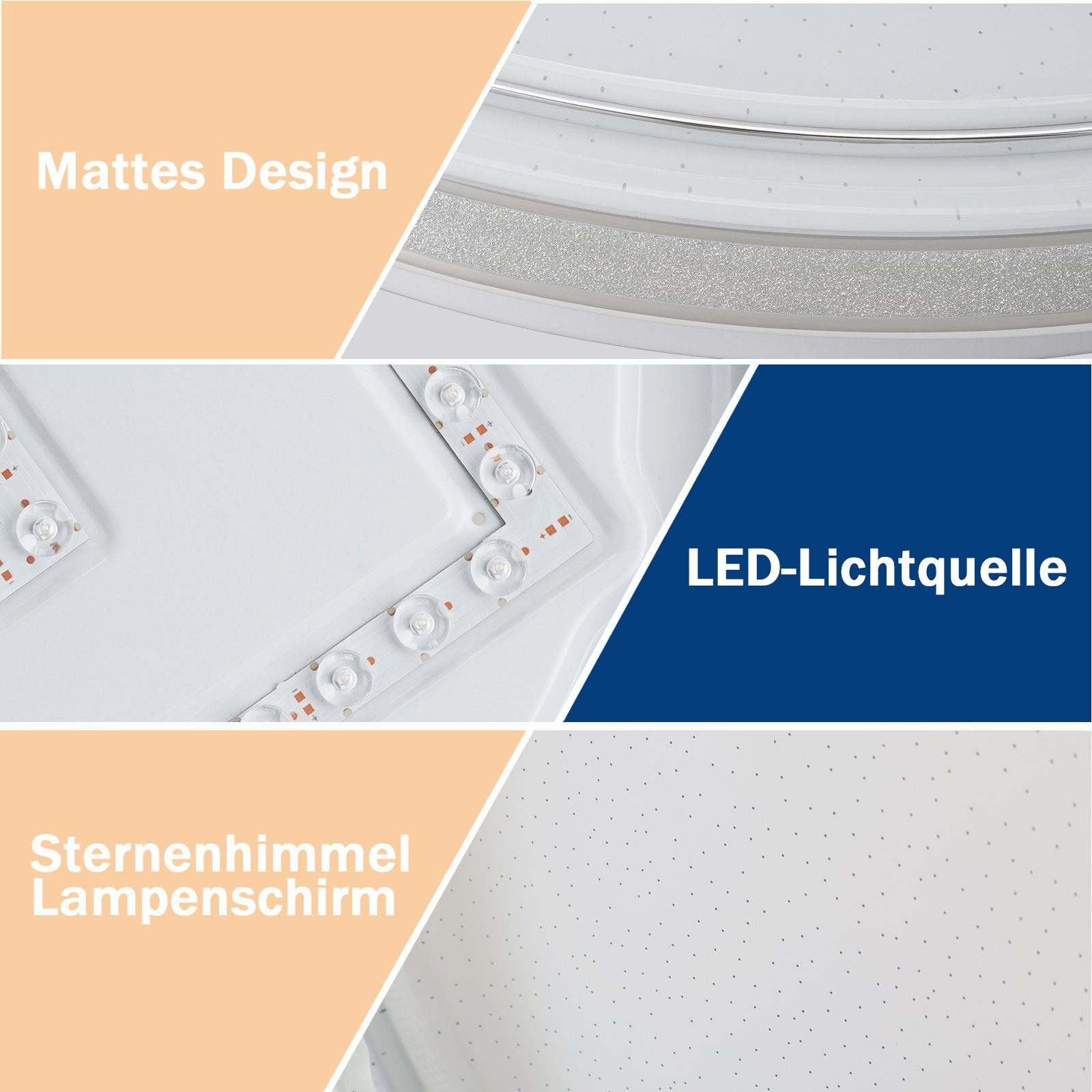 Zbliżenie na lampę sufitową. Światło ma trzy części, z tekstem w języku niemieckim.