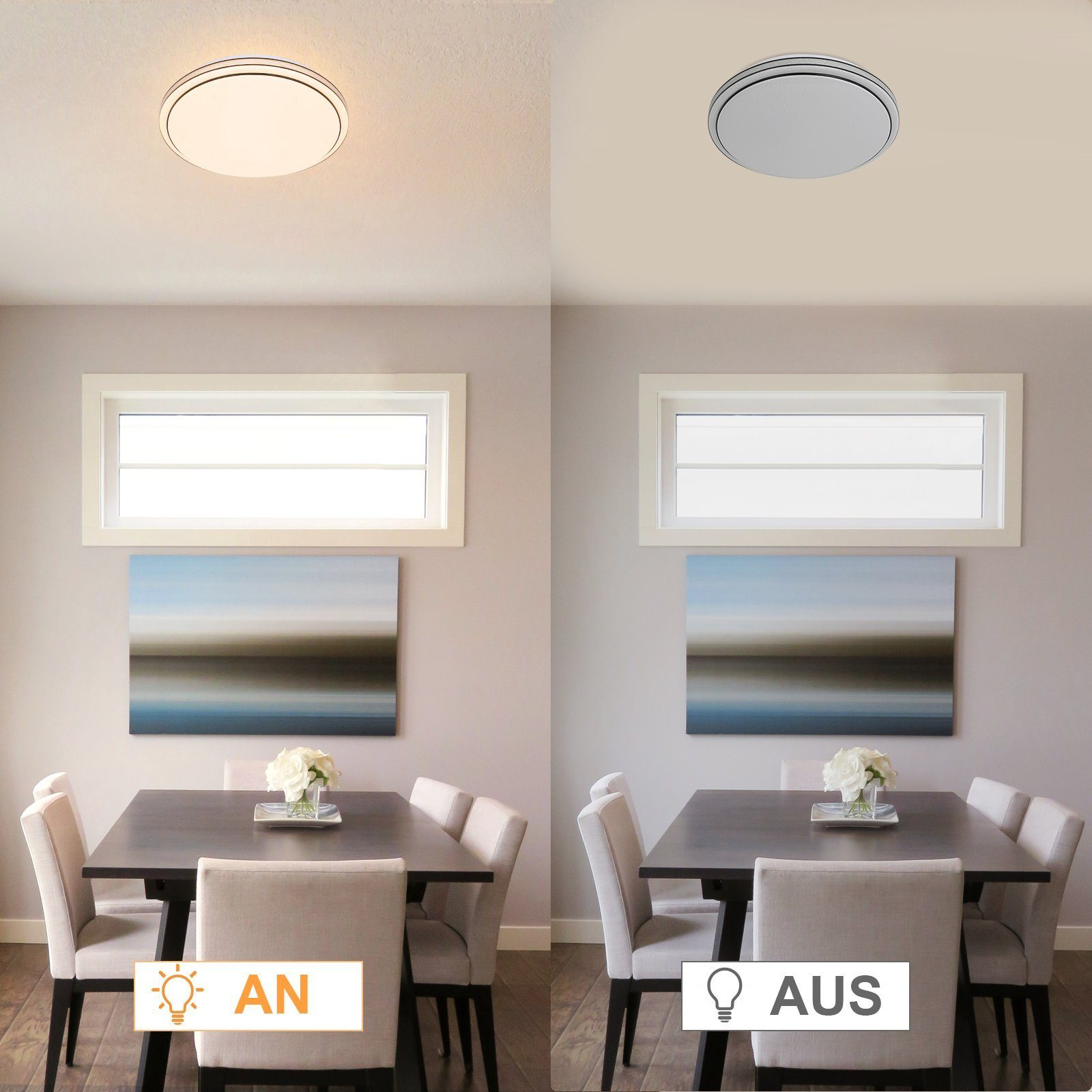 Jadalnia z włączonym i wyłączonym oświetleniem. Lampy mają okrągły kształt. W pokoju znajduje się stół.