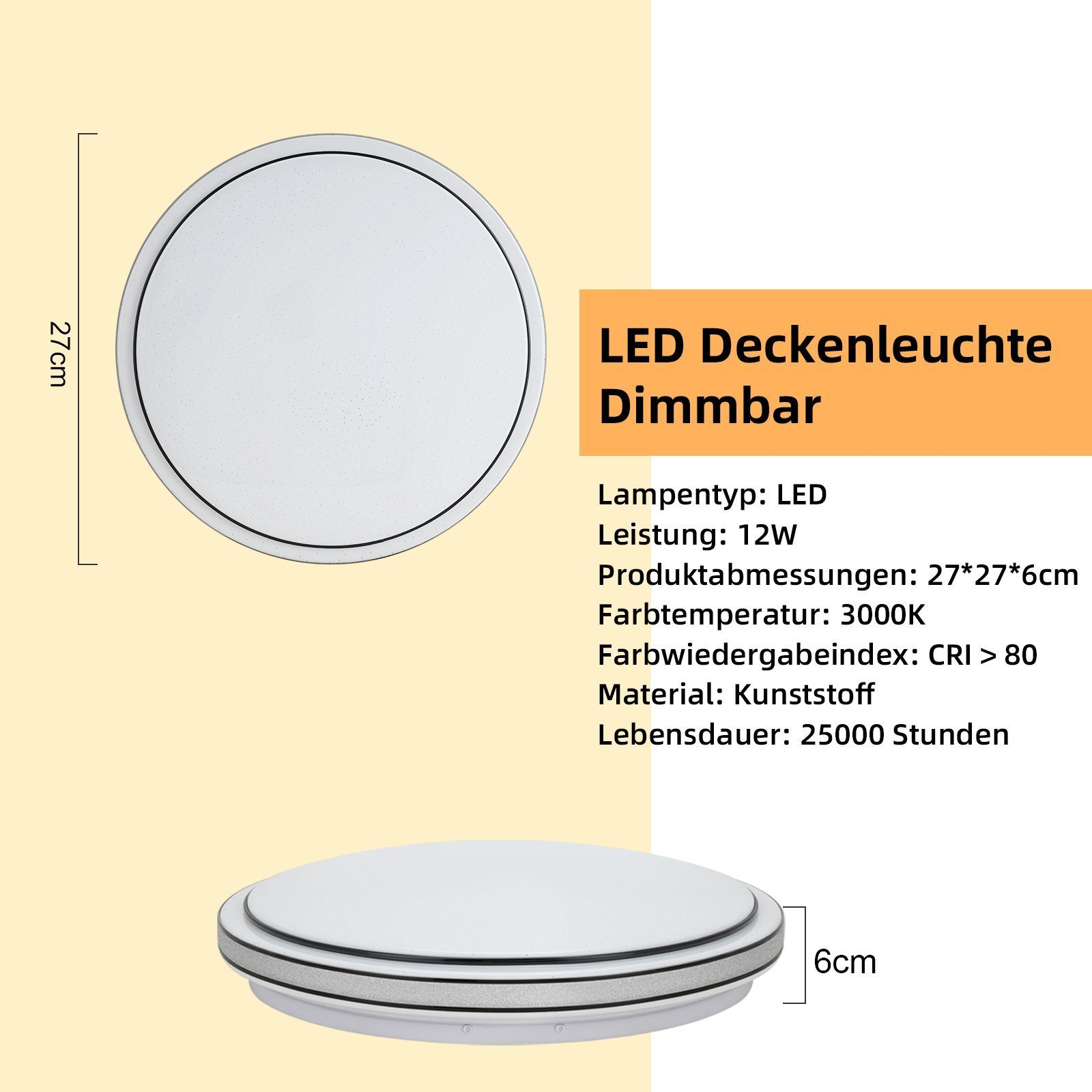 Okrągła, biała lampa sufitowa LED z tekstem i wymiarami na białym tle.