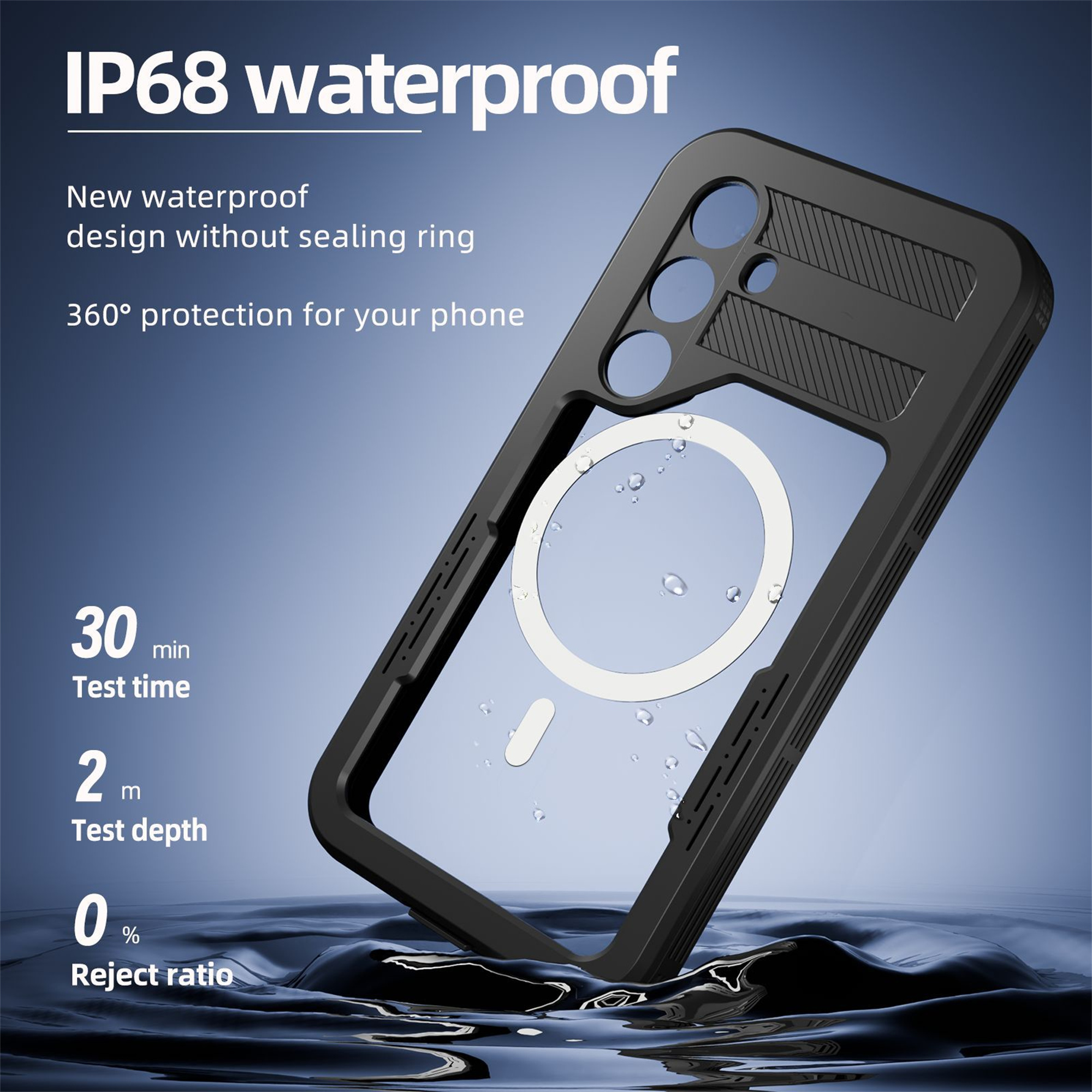 Eine schwarze Handyhülle im Wasser, mit transparenter Rückseite und Details zur Wasserdichtigkeit und Testergebnissen.