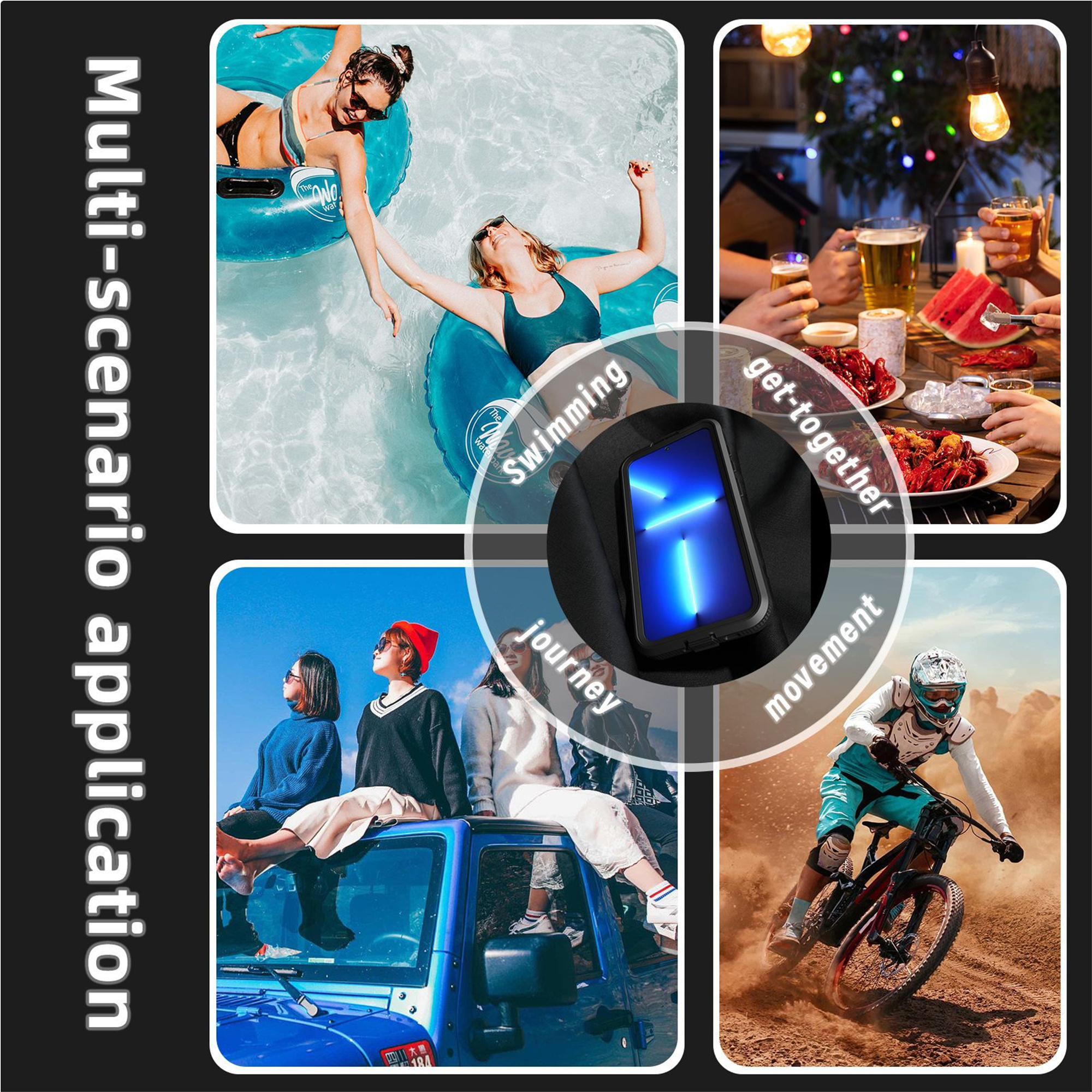 Collage von Menschen beim Schwimmen, bei einem Treffen, auf einer Reise und Mountainbiking, mit Telefon.