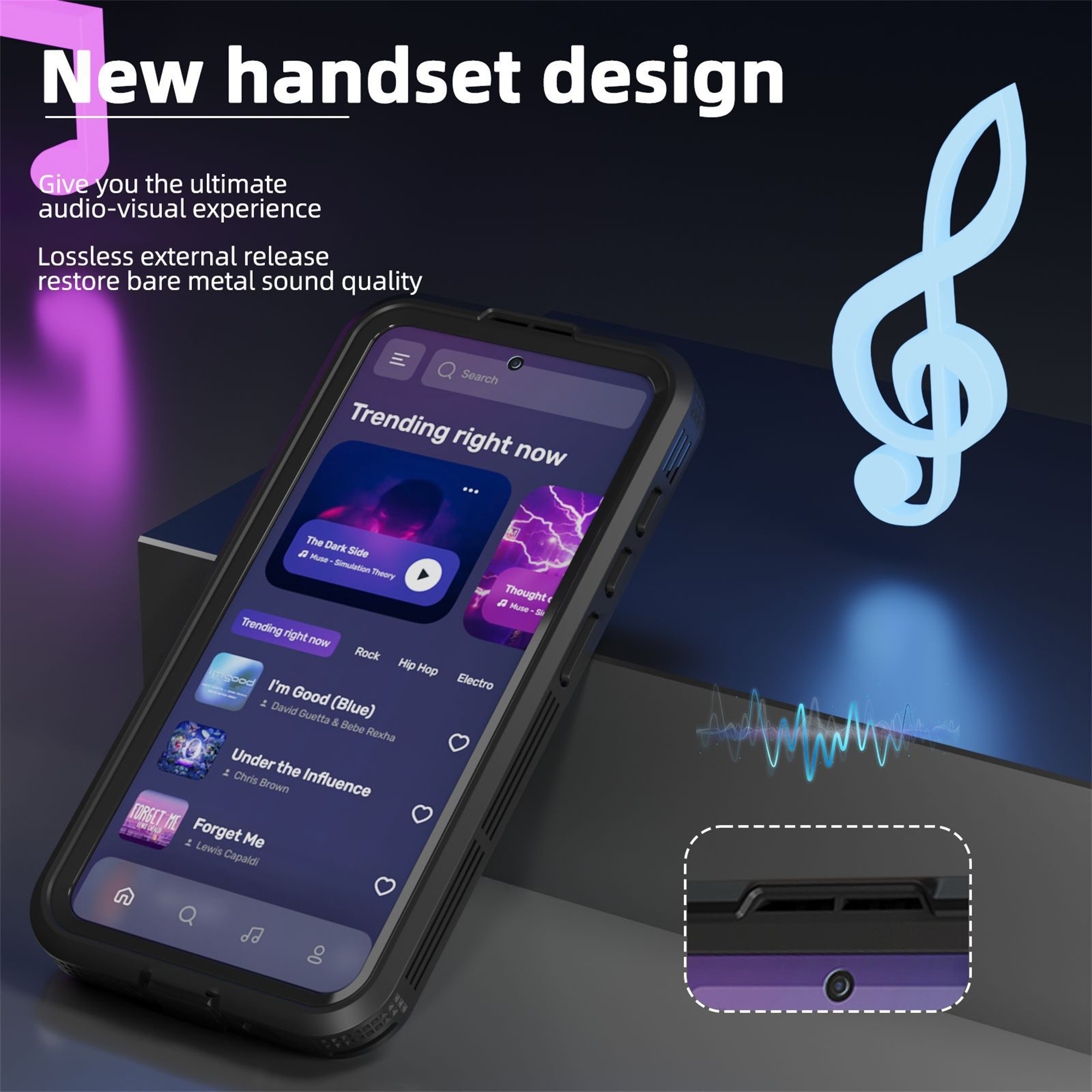 Smartphone mit Musik-App-Oberfläche. Das Telefon hat eine Schutzhülle.