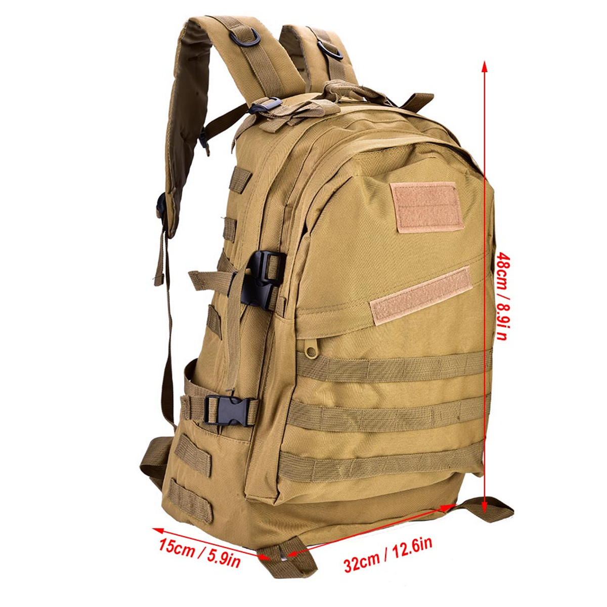 Khaki-Rucksack mit Riemen und Taschen. Abmessungen in Zoll und Zentimetern. Es hat eine Schnalle.