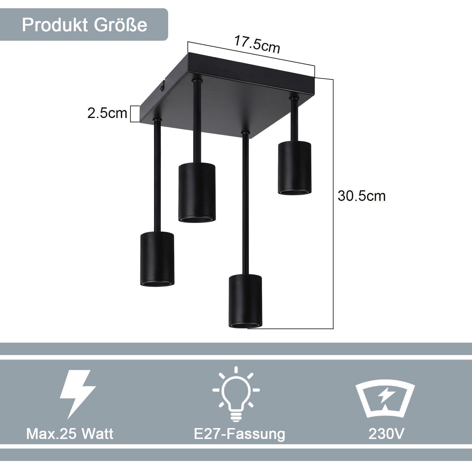 Czarna lampa sufitowa z czterema cylindrami skierowanymi w dół. Wymiary to 17,5 x 30,5 x 2,5 cm.