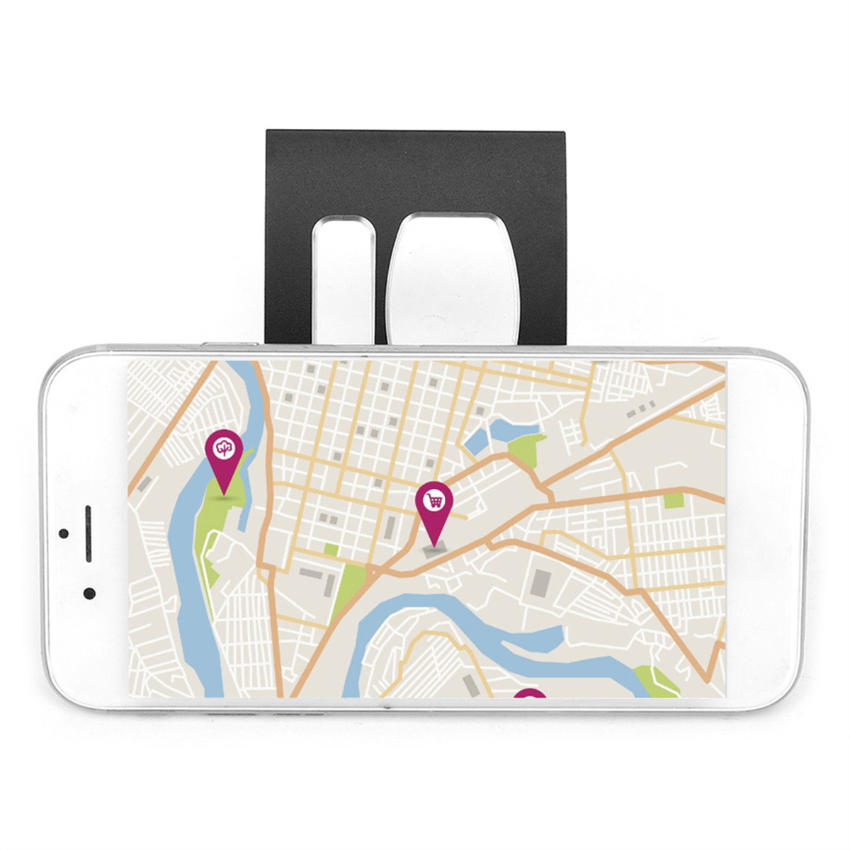 Smartphone mit Karte und Standortmarkierungen. Schwarzes Gerät auf weißem Hintergrund. Zwei weitere Objekte.