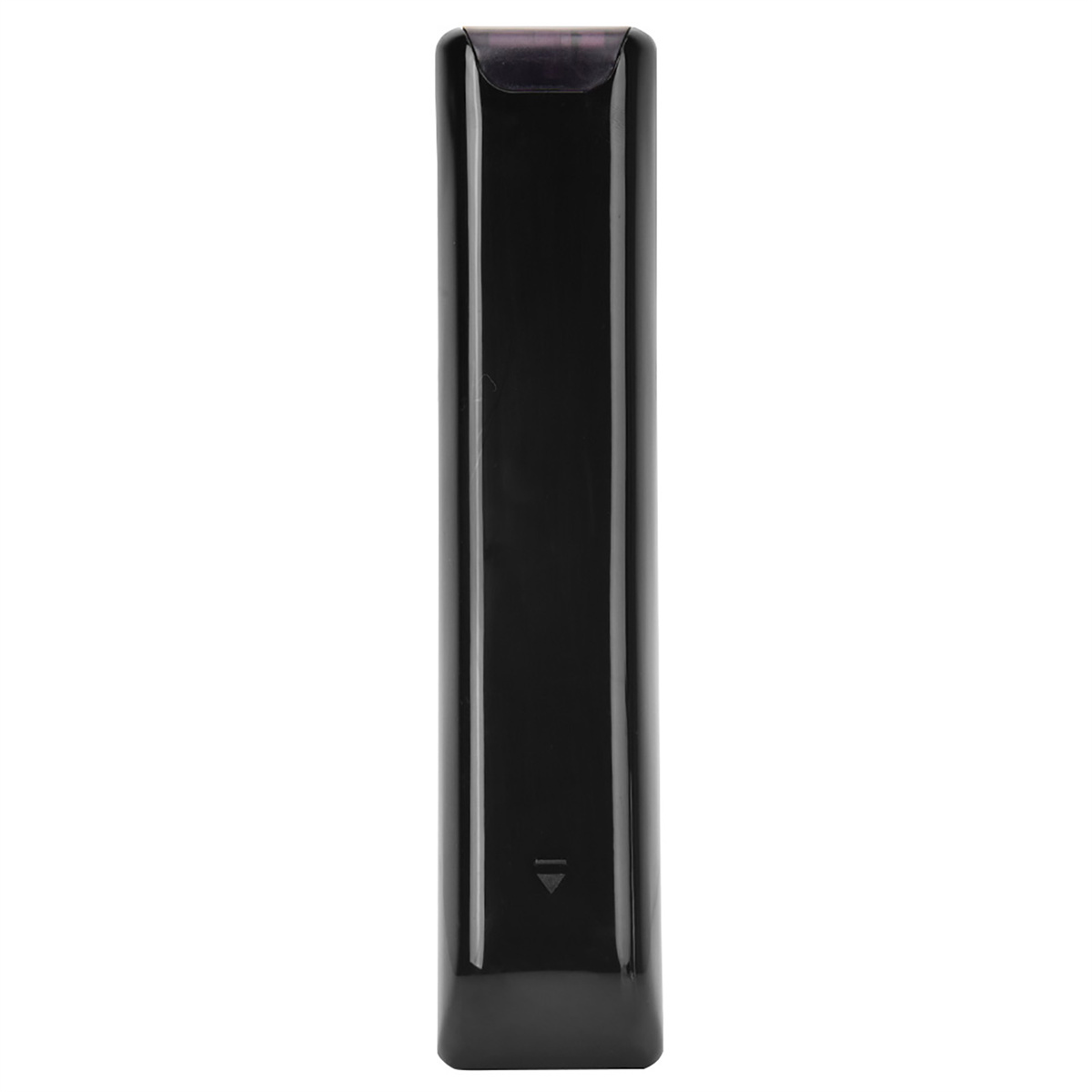 Eine schwarze TV-Fernbedienung mit schwarzer Oberfläche. Die Vorderseite hat ein Pfeilsymbol.