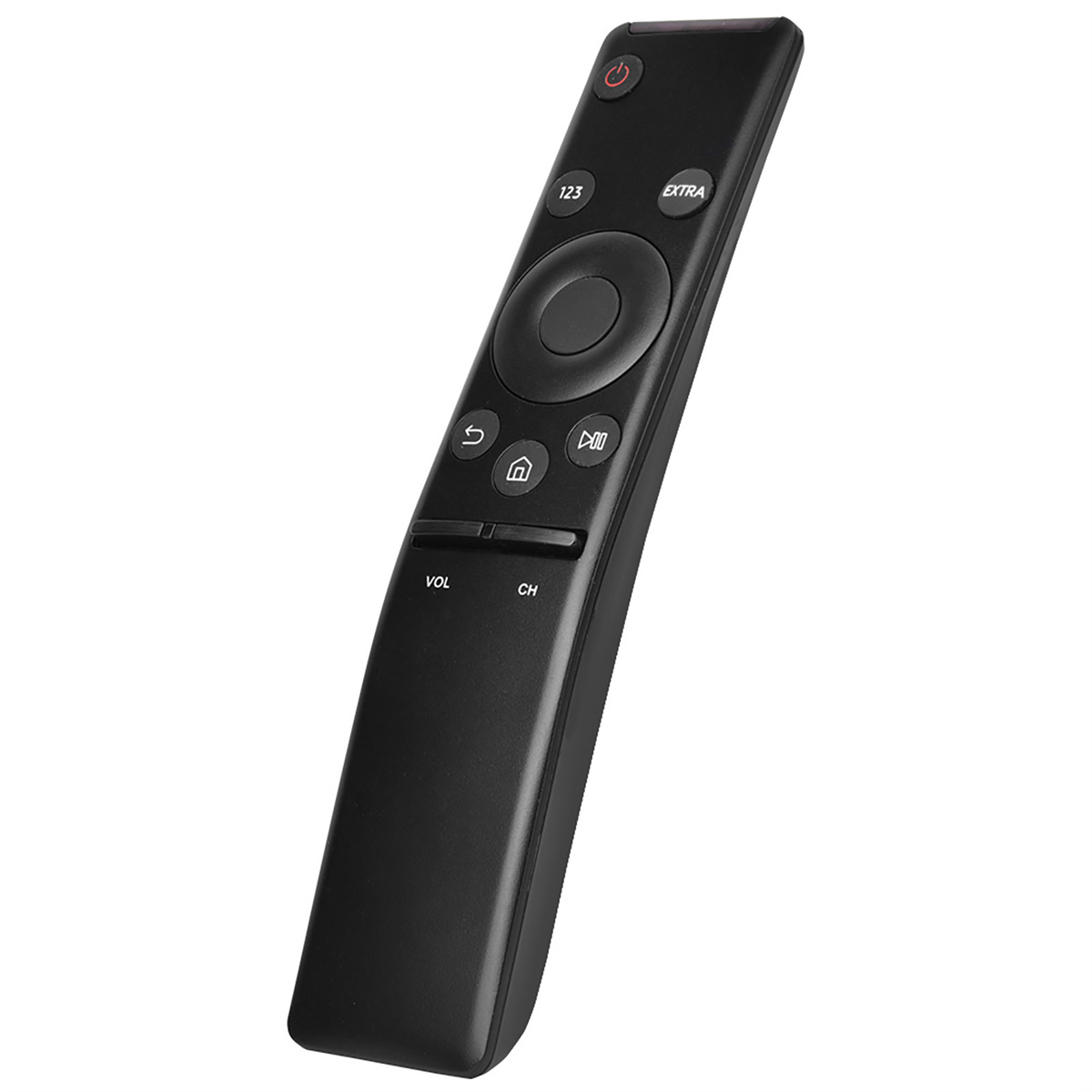 Schwarze Samsung-Fernbedienung mit mehreren Tasten, einschließlich Lautstärke, Kanal und Ein/Aus.