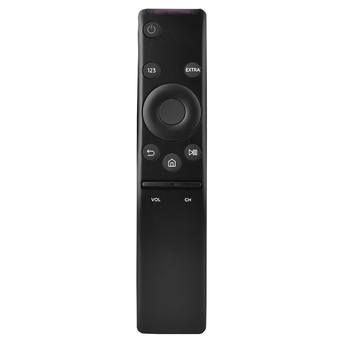 Schwarze TV-Fernbedienung mit verschiedenen Tasten, einschließlich einer Ein/Aus-Taste.