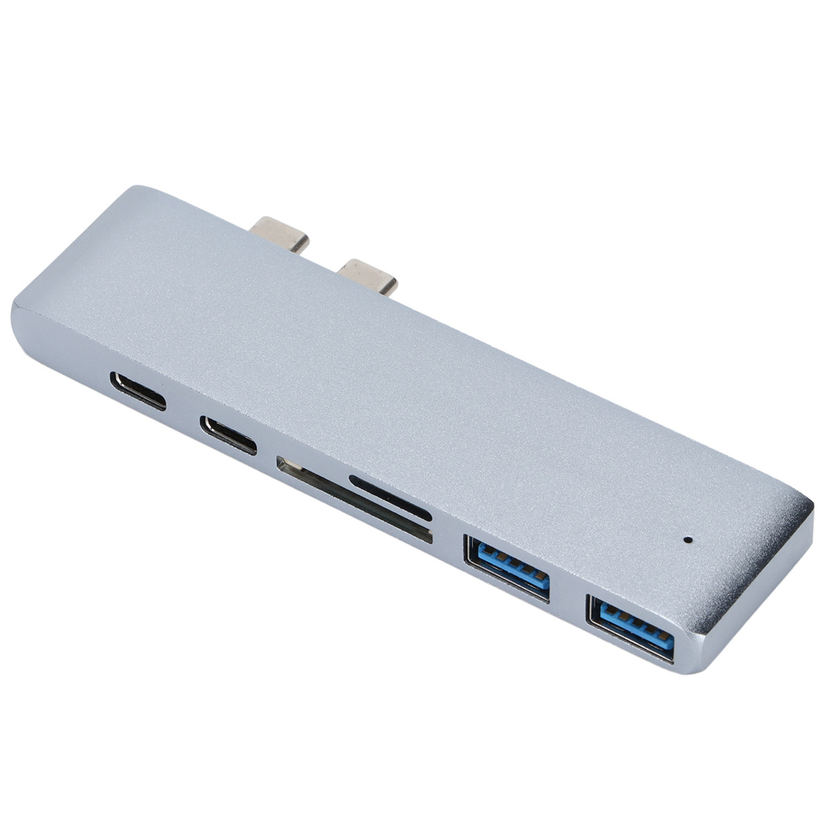 Ein silberner USB-C-Hub mit mehreren Anschlüssen, darunter USB- und SD-Kartensteckplätze.