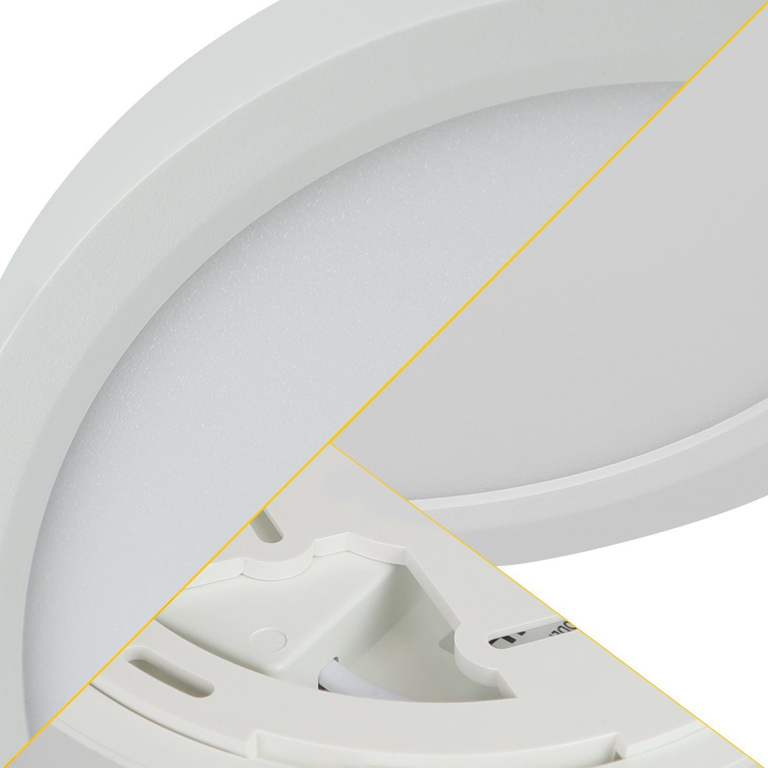 Primo piano di un apparecchio per illuminazione a soffitto a LED bianco.