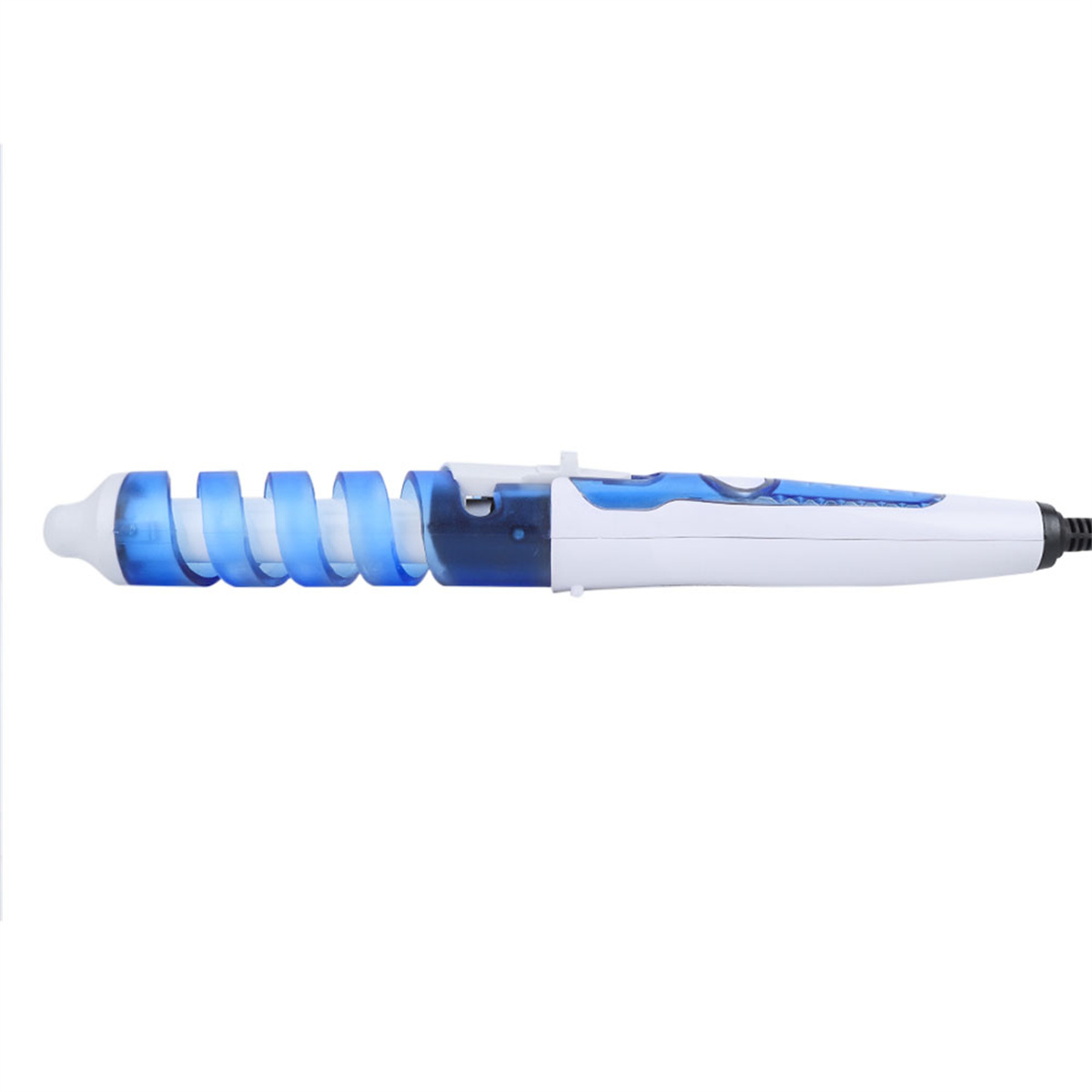 Weiß-blauer Lockenstab mit Spiraldesign. Isoliert, weißer Hintergrund. Schwarzes Netzkabel.