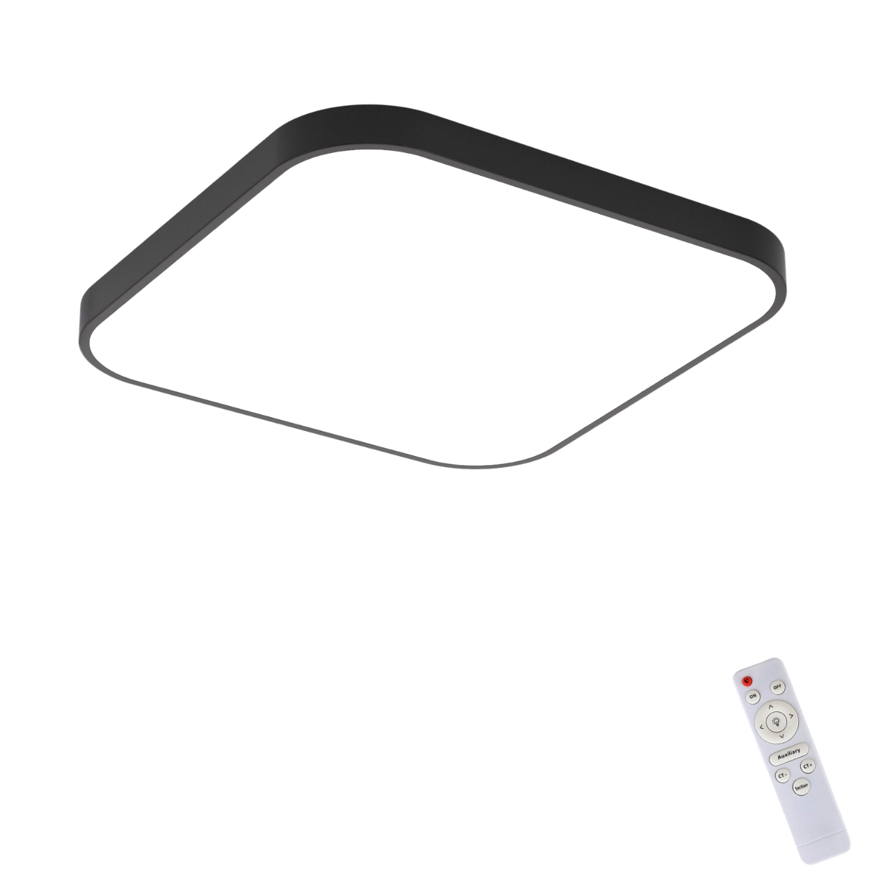 Kwadratowa czarna lampa sufitowa z białym światłem wewnętrznym i pilotem.