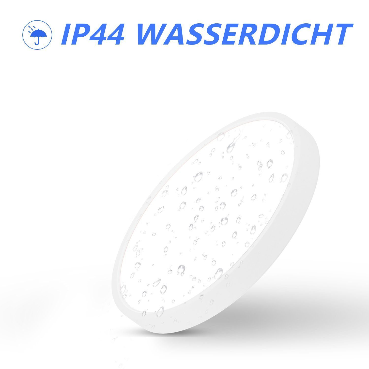 Dispositivo bianco, circolare, impermeabile con goccioline d'acqua, inclinato a destra.