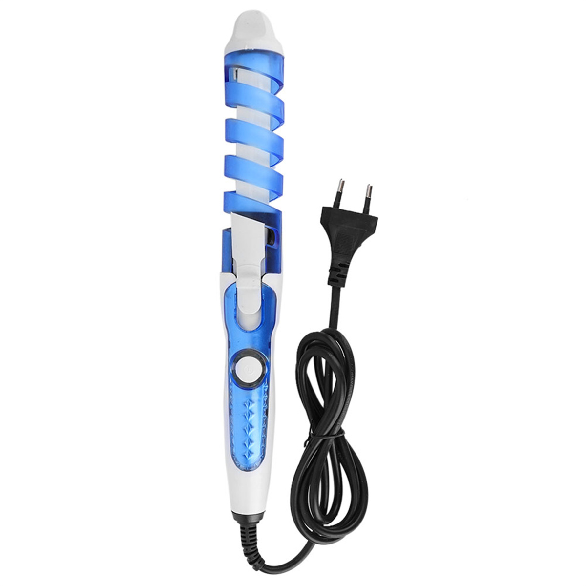 Weiß-blauer Haarlockenwickler mit Spiralelement und schwarzem Netzkabel.