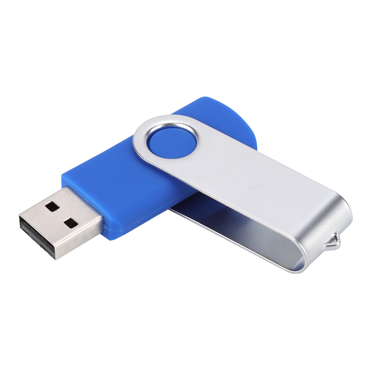 Blauer und silberner USB-Stick. Der blaue Teil ist mit dem USB-Anschluss verbunden.