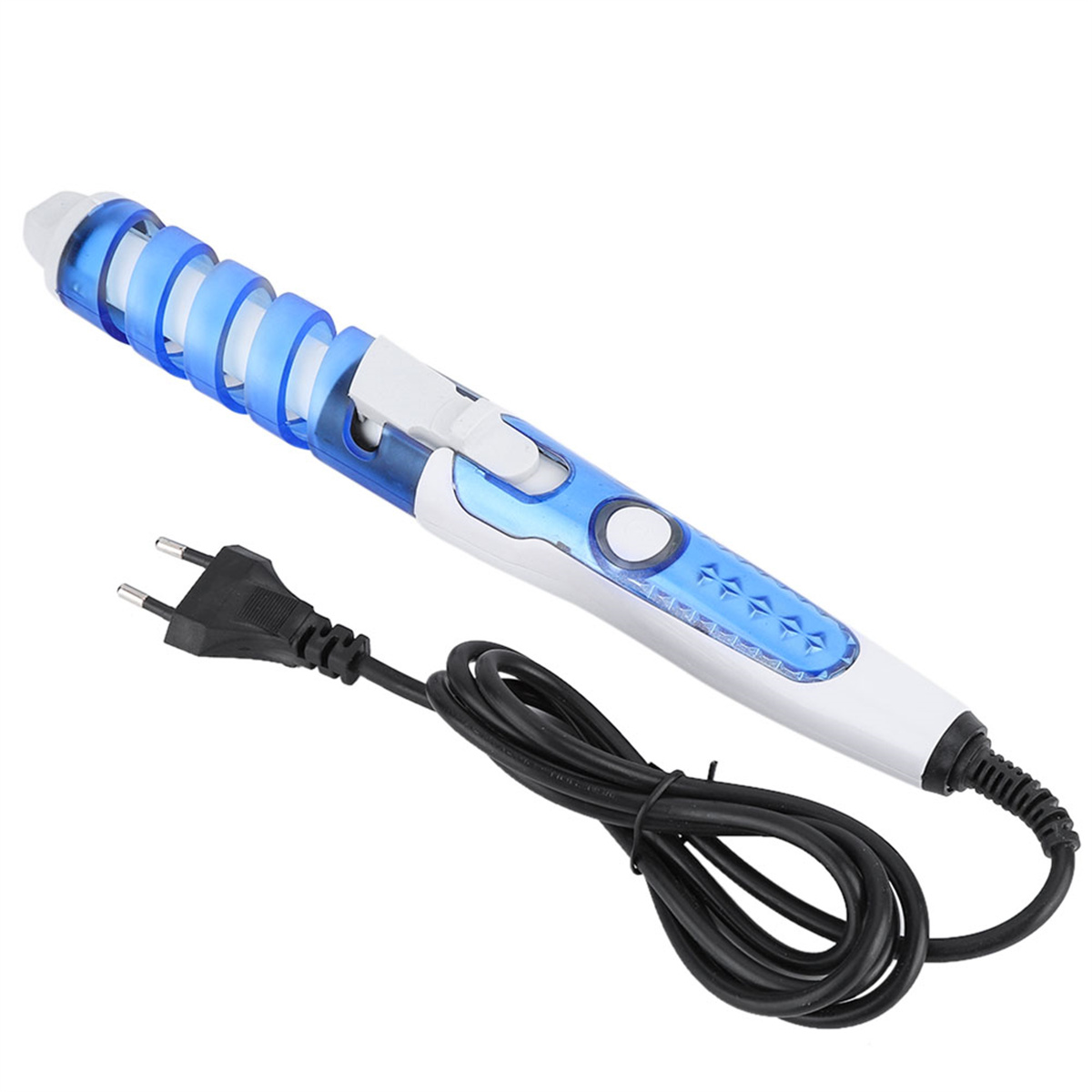 Ein Lockenstab mit blau-weißem Gehäuse und einem schwarzen Netzkabel.