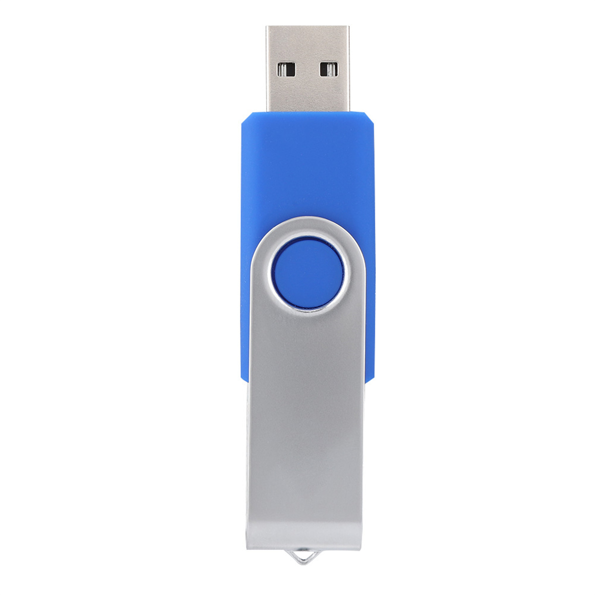Blauer und silberner USB-Stick. Er hat ein blaues Kunststoffgehäuse und einen silbernen USB-Anschluss.