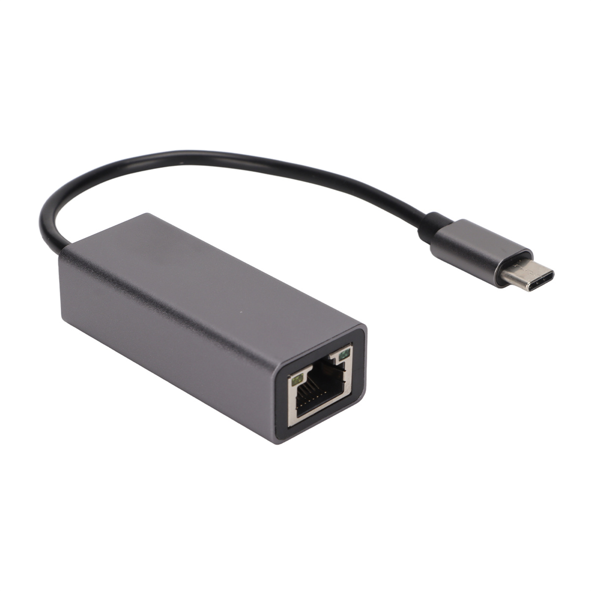 Grauer Ethernet-Adapter mit USB-C-Anschluss und Kabel. Der Adapter hat einen Ethernet-Anschluss.