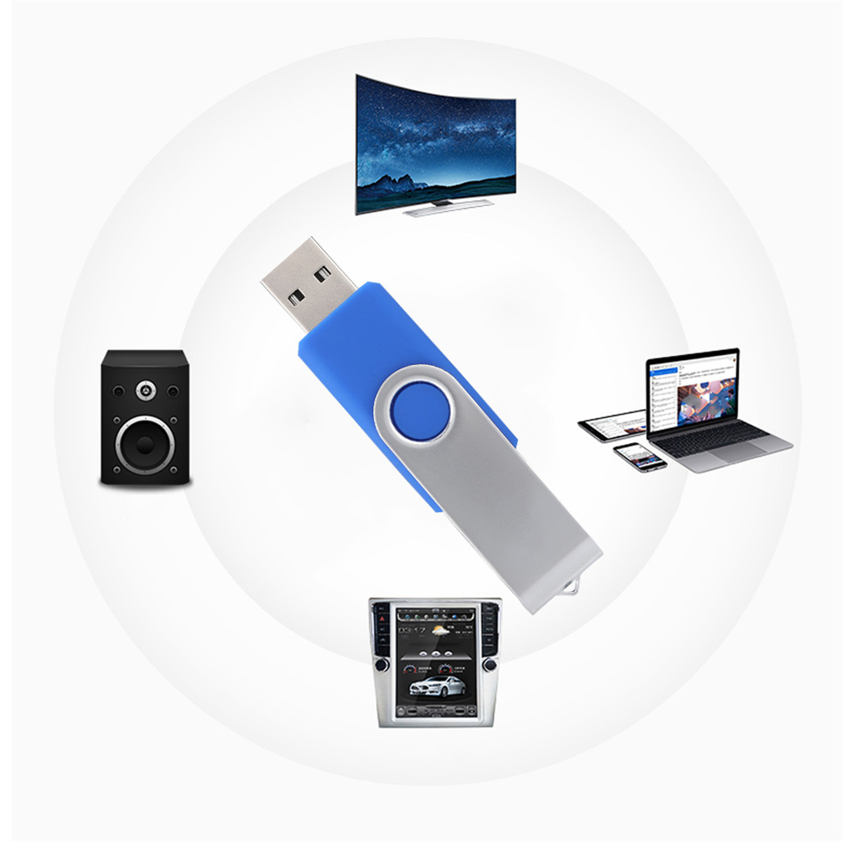 USB-Stick umgeben von verschiedenen Geräten: Lautsprecher, Fernseher, Laptop, Smartphone und Auto-Display.