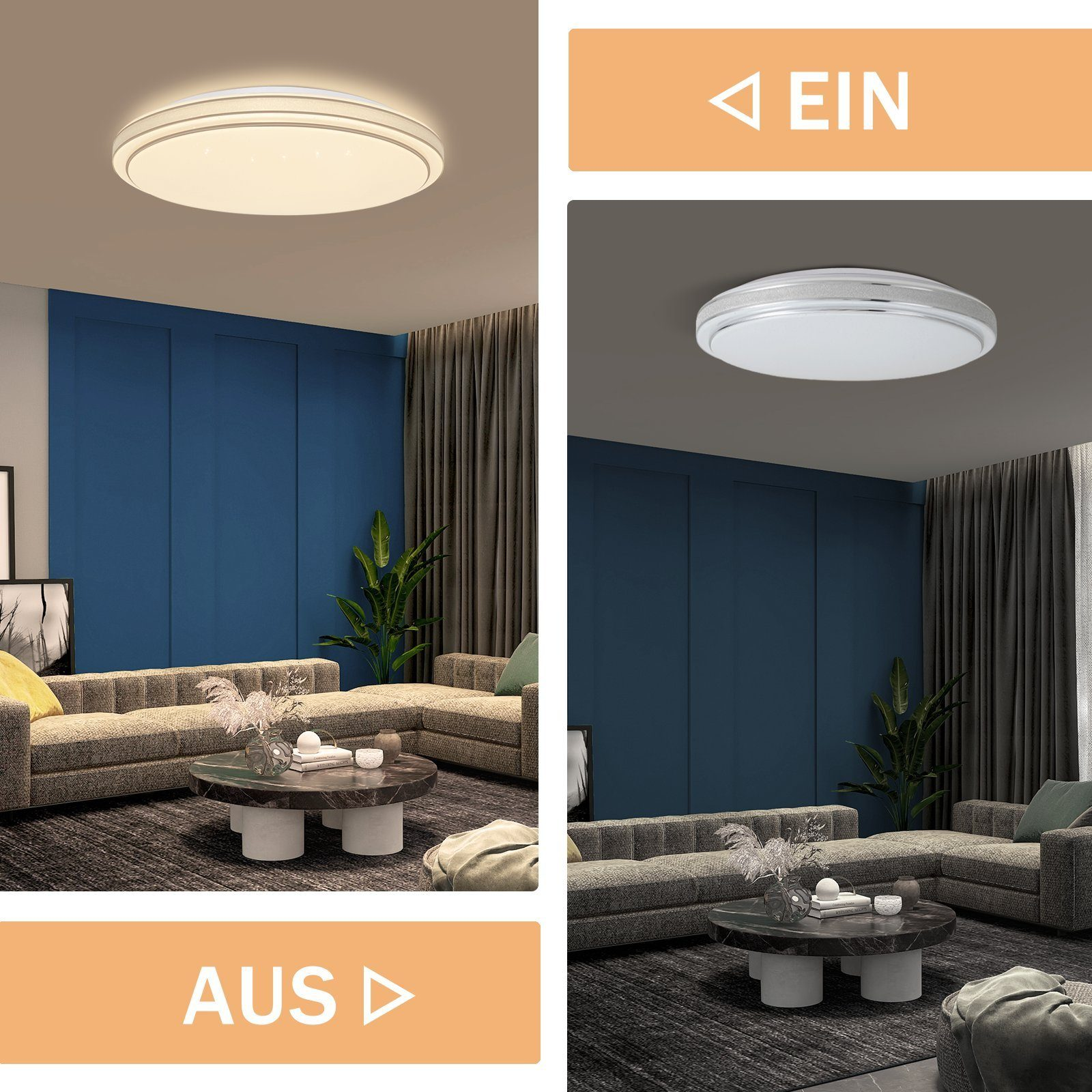 Dwa zdjęcia lampy sufitowej, jedno włączone, drugie wyłączone, w pokoju z kanapami.