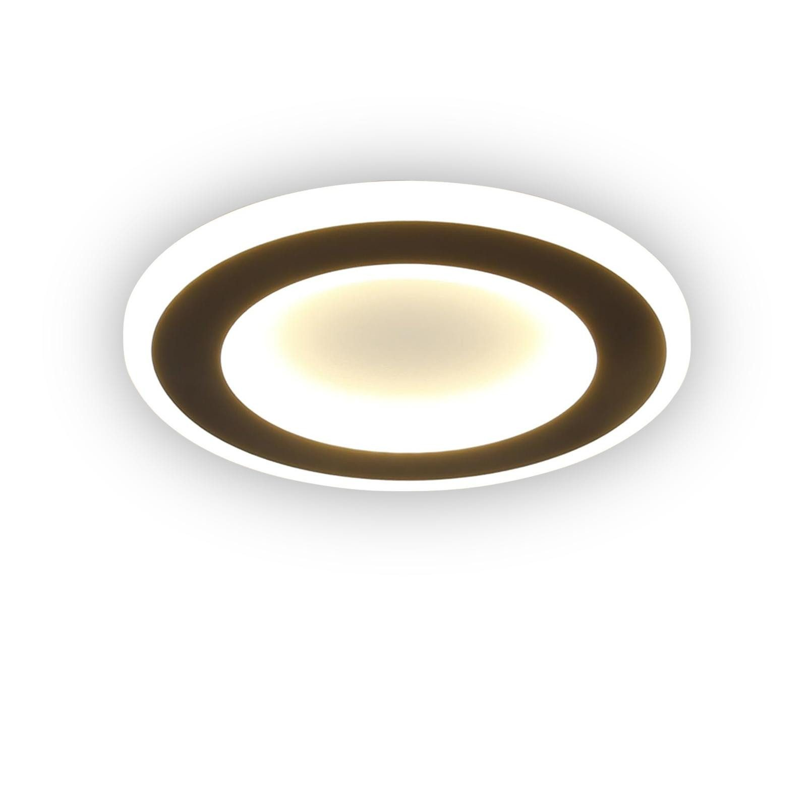 Biała, okrągła lampa sufitowa z czarnym owalem pośrodku. Izolowana na białym tle.