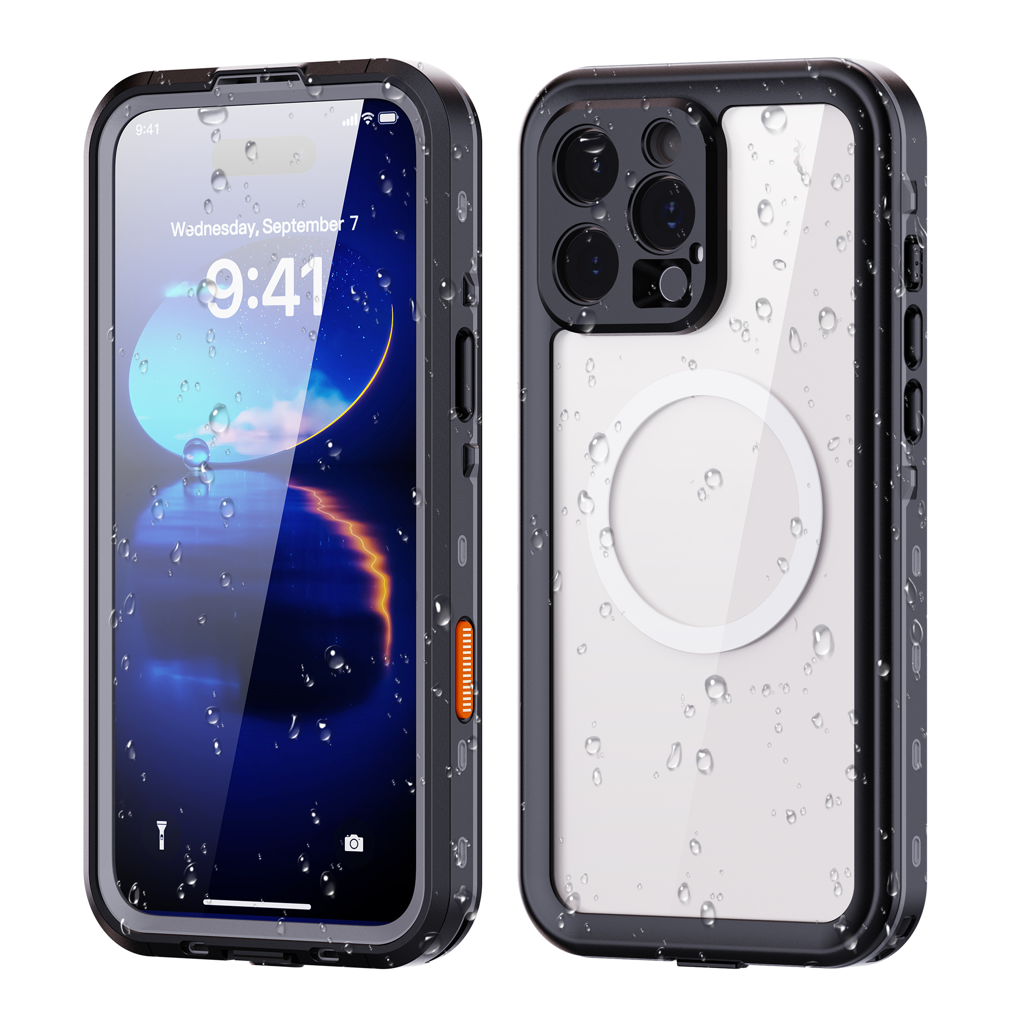 Zwei schwarze Handyhüllen für ein iPhone. Klare Rückseite, schwarze Ränder und Wassertropfen.