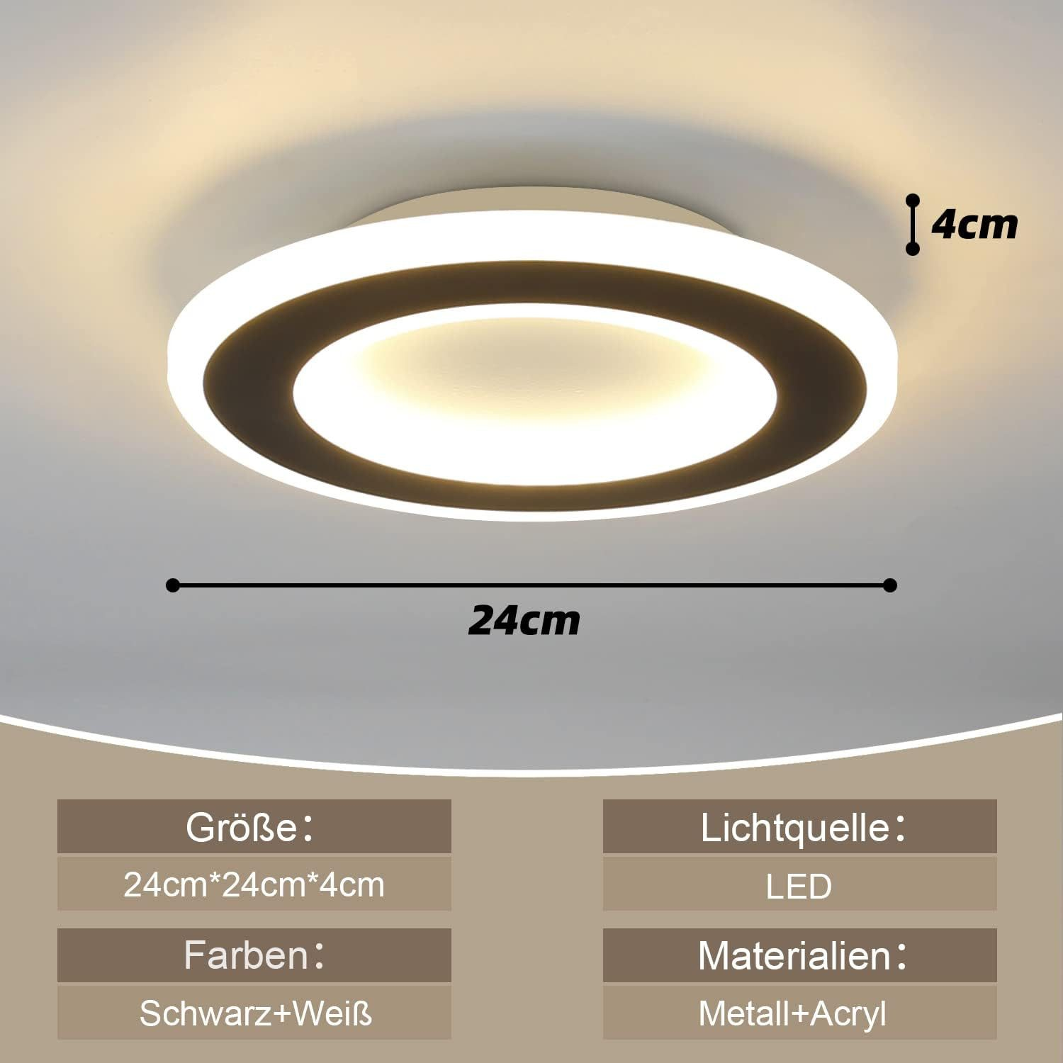 Biało-czarna lampa sufitowa z wymiarami. Rozmiar, kolory, źródło światła i informacje o materiale.