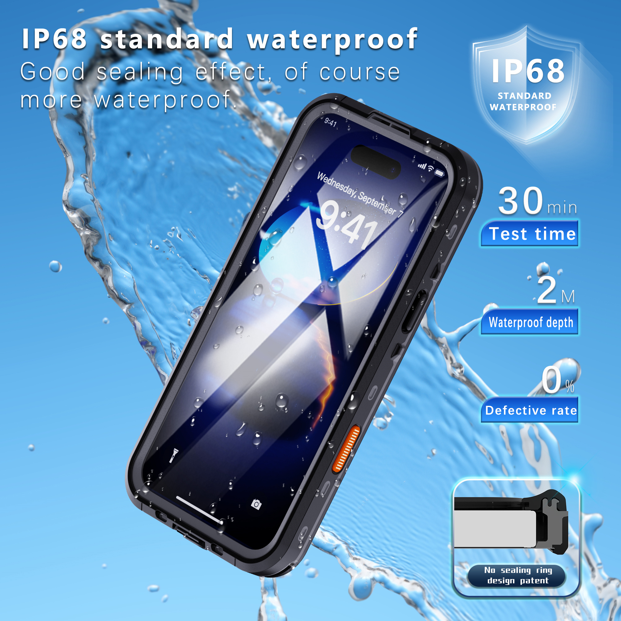 Eine schwarze Handyhülle mit Telefon darin, in Wasser getaucht. Text weist auf IP68 Wasserdichtigkeit hin.