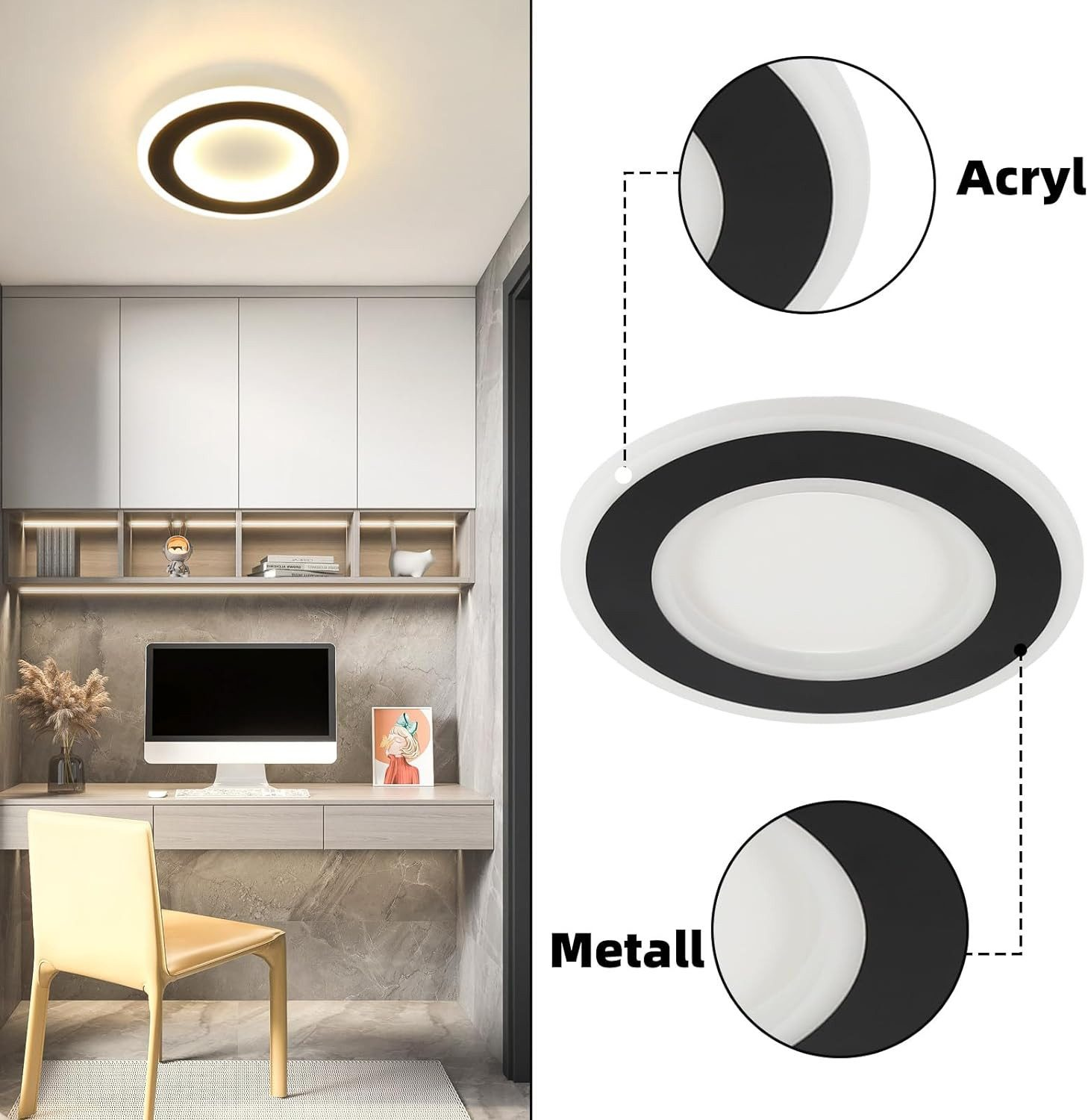 Nowoczesna lampa sufitowa oświetla pokój z biurkiem, krzesłem i komputerem.