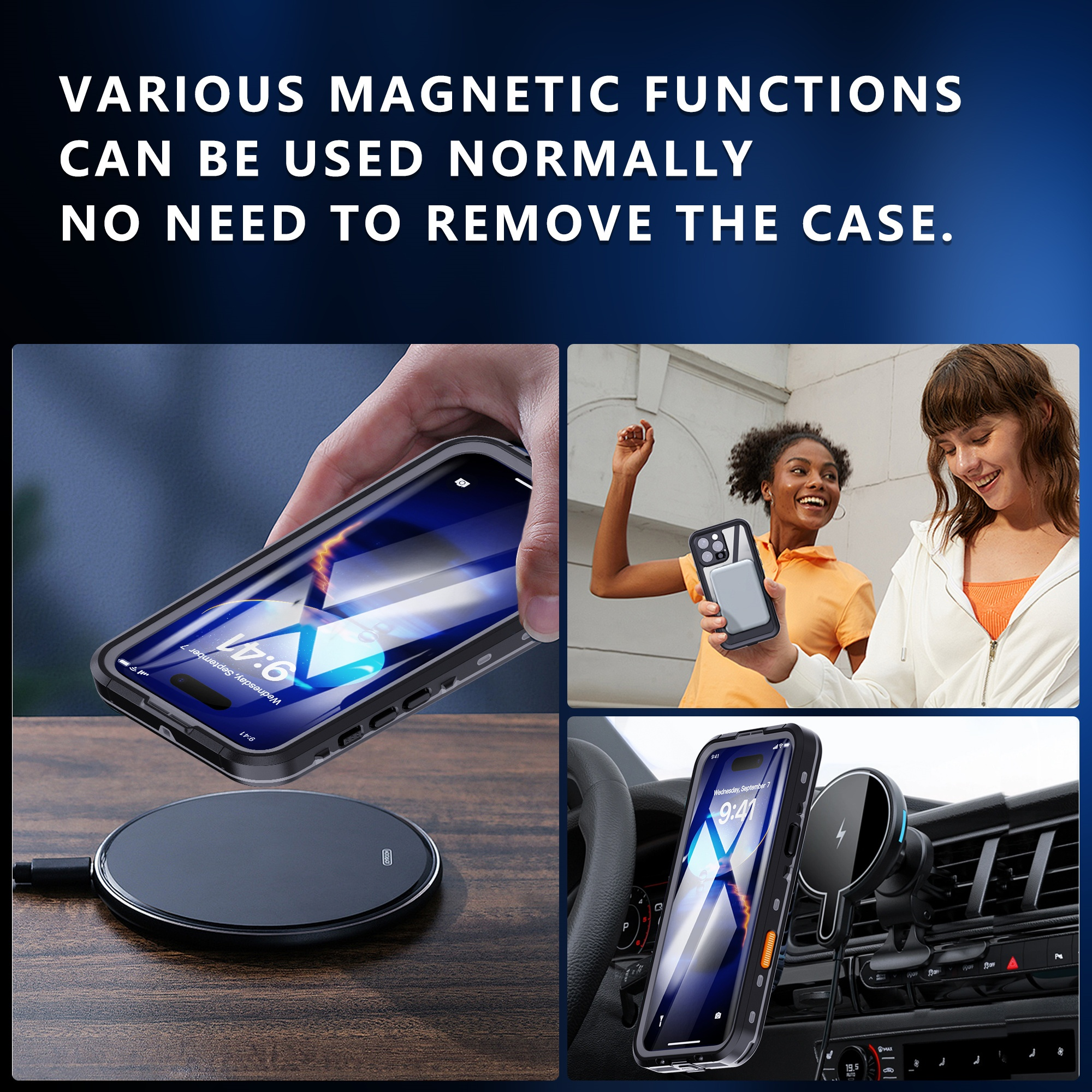 Bild zeigt eine Handyhülle mit magnetischen Funktionen, mit Bildern von Personen, die das Telefon benutzen.