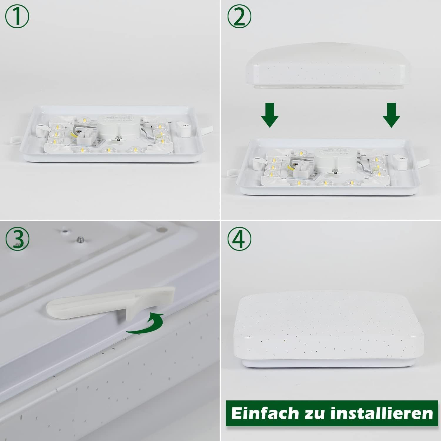 Cztery zdjęcia pokazujące proces instalacji białej lampy sufitowej.