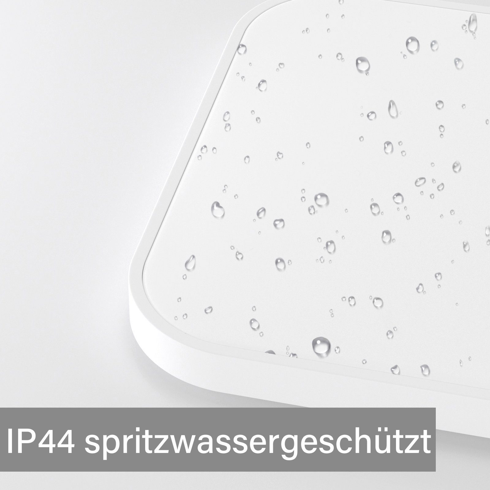 Biały panel z kroplami wody, tekst 'IP44 spritzwassergeschützt'.